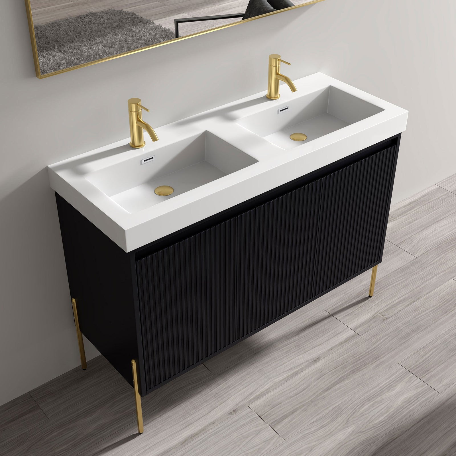 Dowell 48-Fluted Bathroom Vanity Set-(Assembled Cabinet Base with 3 Soft-Close Doors, Shelves & Ceramic/Resin Basin, Black/Golden Legs - 002 48 Series