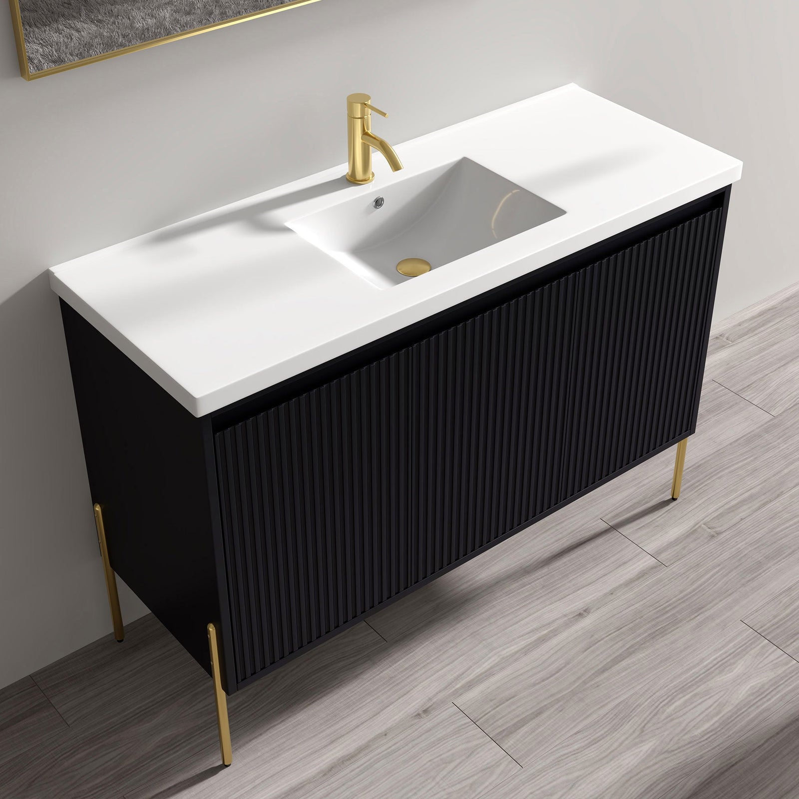 Dowell 48-Fluted Bathroom Vanity Set-(Assembled Cabinet Base with 3 Soft-Close Doors, Shelves & Ceramic/Resin Basin, Black/Golden Legs - 002 48 Series