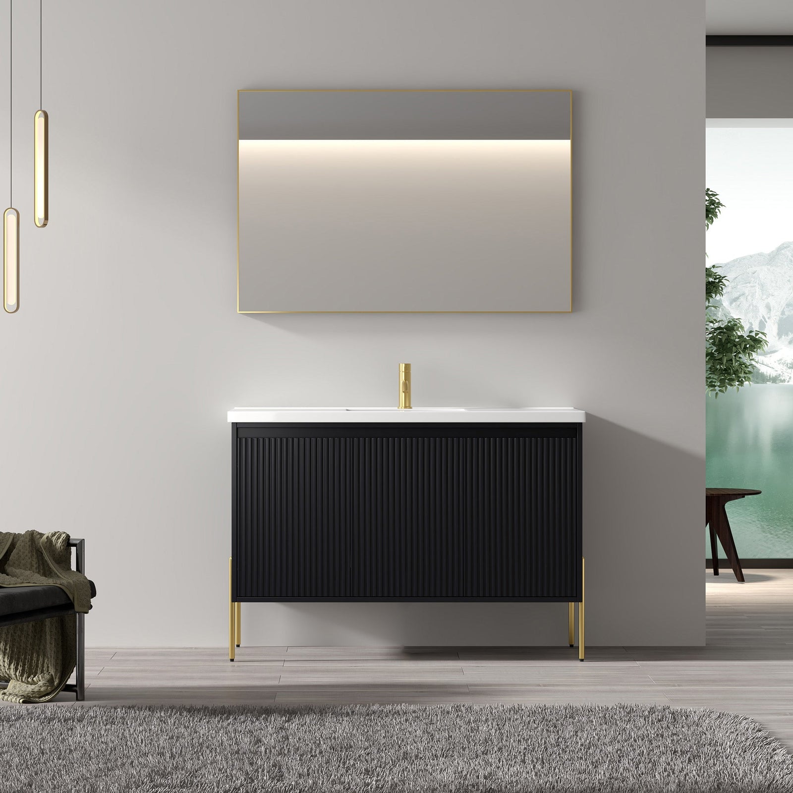 Dowell 48-Fluted Bathroom Vanity Set-(Assembled Cabinet Base with 3 Soft-Close Doors, Shelves & Ceramic/Resin Basin, Black/Golden Legs - 002 48 Series
