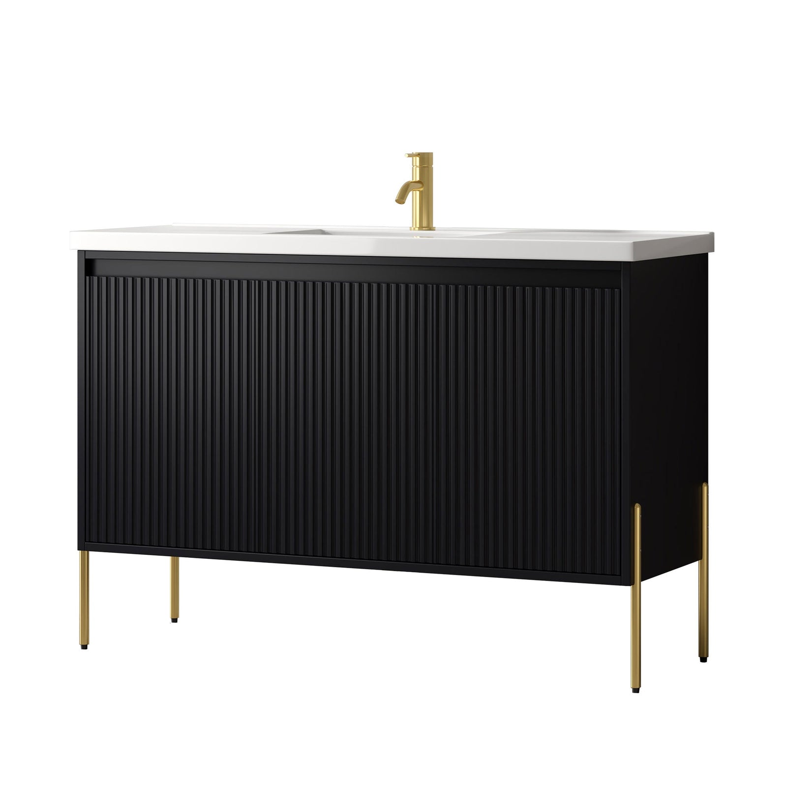 Dowell 48-Fluted Bathroom Vanity Set-(Assembled Cabinet Base with 3 Soft-Close Doors, Shelves & Ceramic/Resin Basin, Black/Golden Legs - 002 48 Series