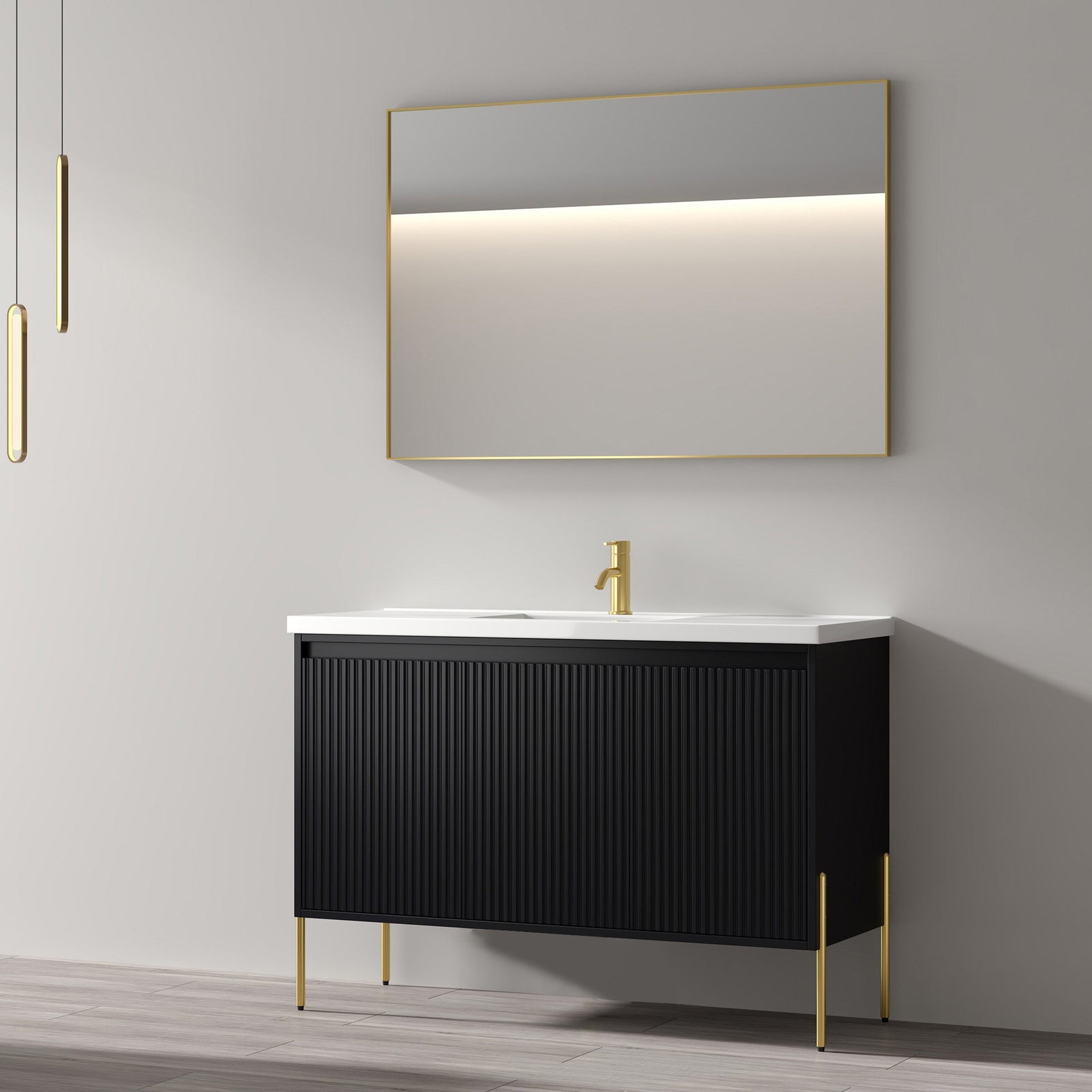 Dowell 48-Fluted Bathroom Vanity Set-(Assembled Cabinet Base with 3 Soft-Close Doors, Shelves & Ceramic/Resin Basin, Black/Golden Legs - 002 48 Series
