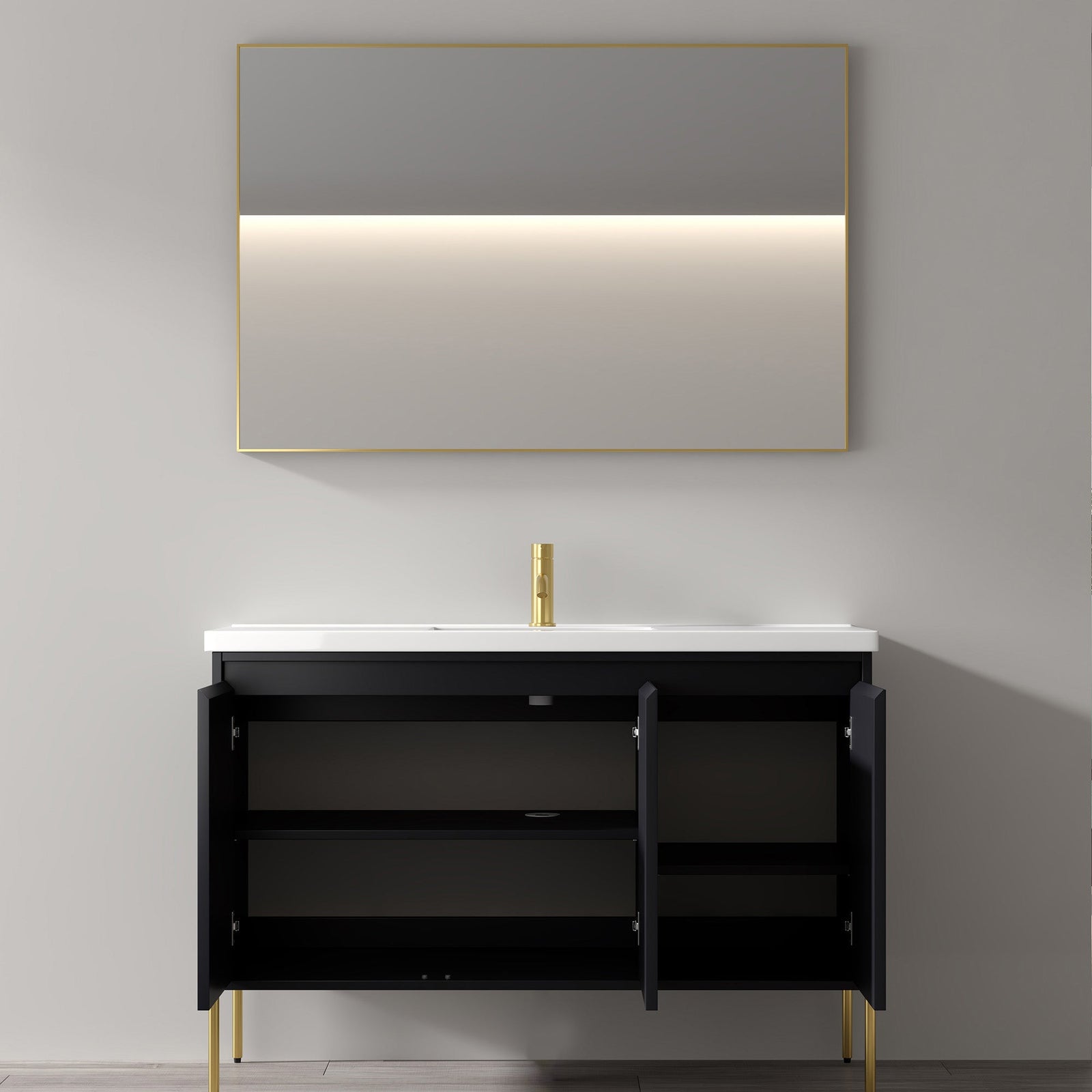 Dowell 48-Fluted Bathroom Vanity Set-(Assembled Cabinet Base with 3 Soft-Close Doors, Shelves & Ceramic/Resin Basin, Black/Golden Legs - 002 48 Series