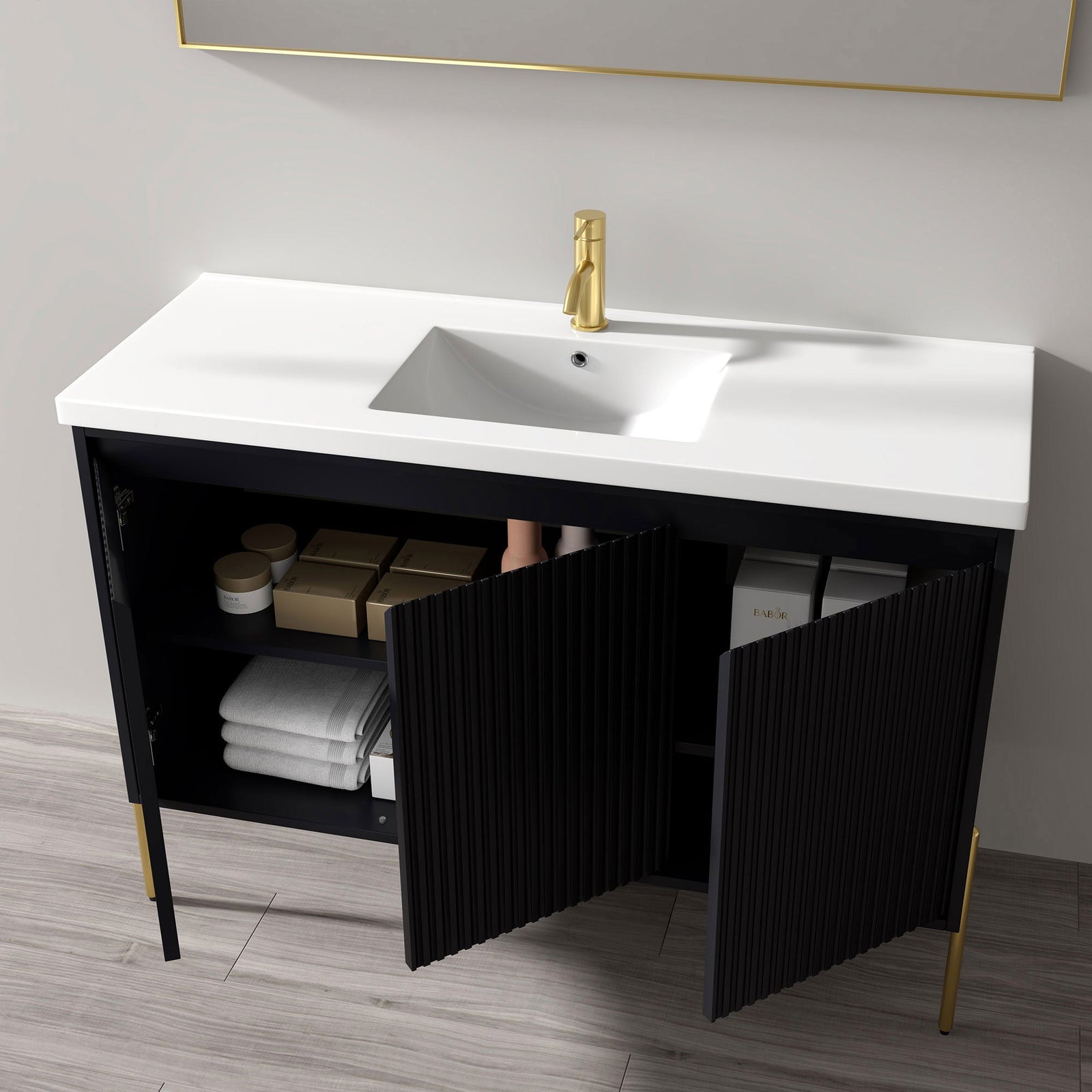 Dowell 48-Fluted Bathroom Vanity Set-(Assembled Cabinet Base with 3 Soft-Close Doors, Shelves & Ceramic/Resin Basin, Black/Golden Legs - 002 48 Series