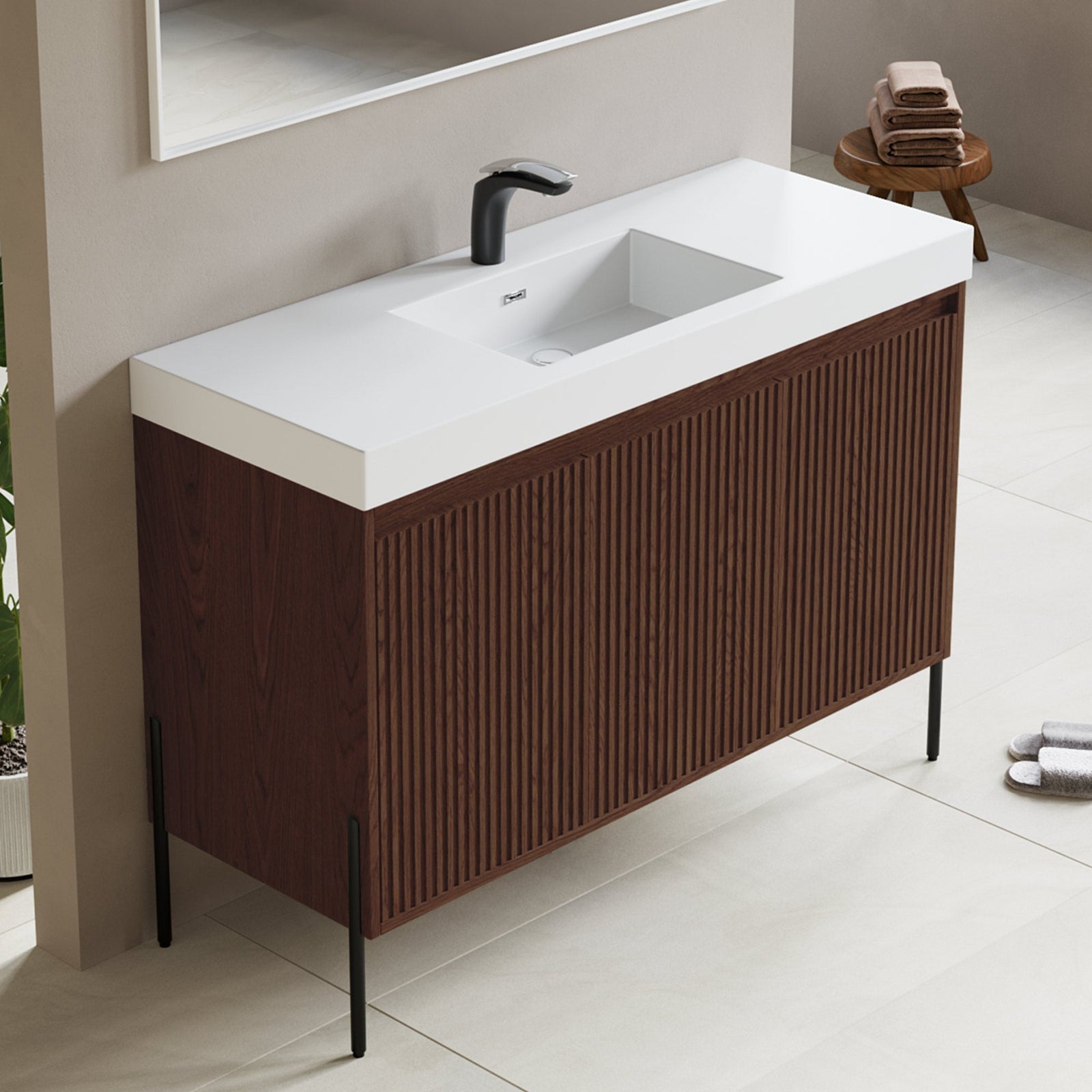Dowell 48-Fluted Bathroom Vanity Set-(Assembled Cabinet Base with 3 Soft-Close Doors, Shelves & Ceramic/Resin Basin, Black/Golden Legs - 002 48 Series