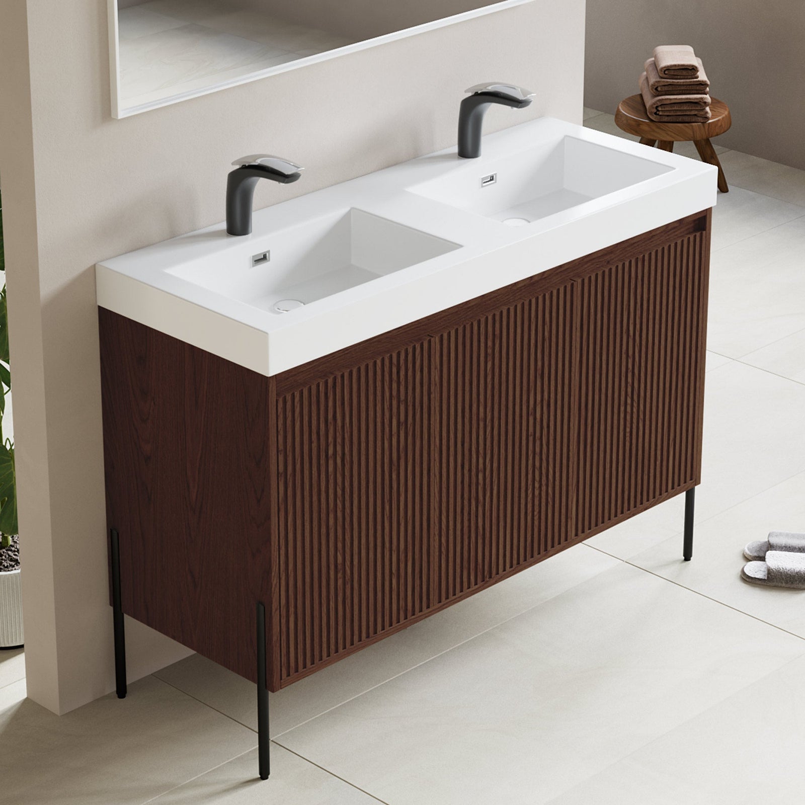 Dowell 48-Fluted Bathroom Vanity Set-(Assembled Cabinet Base with 3 Soft-Close Doors, Shelves & Ceramic/Resin Basin, Black/Golden Legs - 002 48 Series