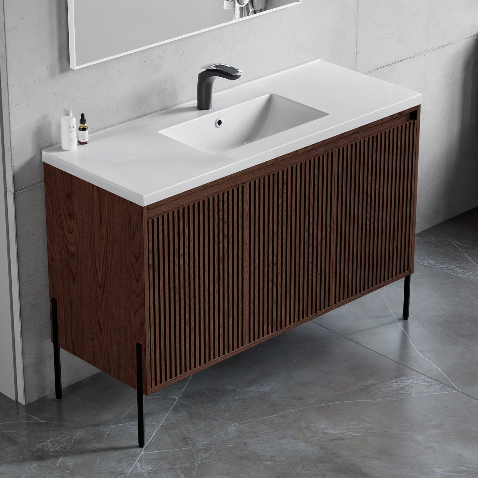 Dowell 48-Fluted Bathroom Vanity Set-(Assembled Cabinet Base with 3 Soft-Close Doors, Shelves & Ceramic/Resin Basin, Black/Golden Legs - 002 48 Series