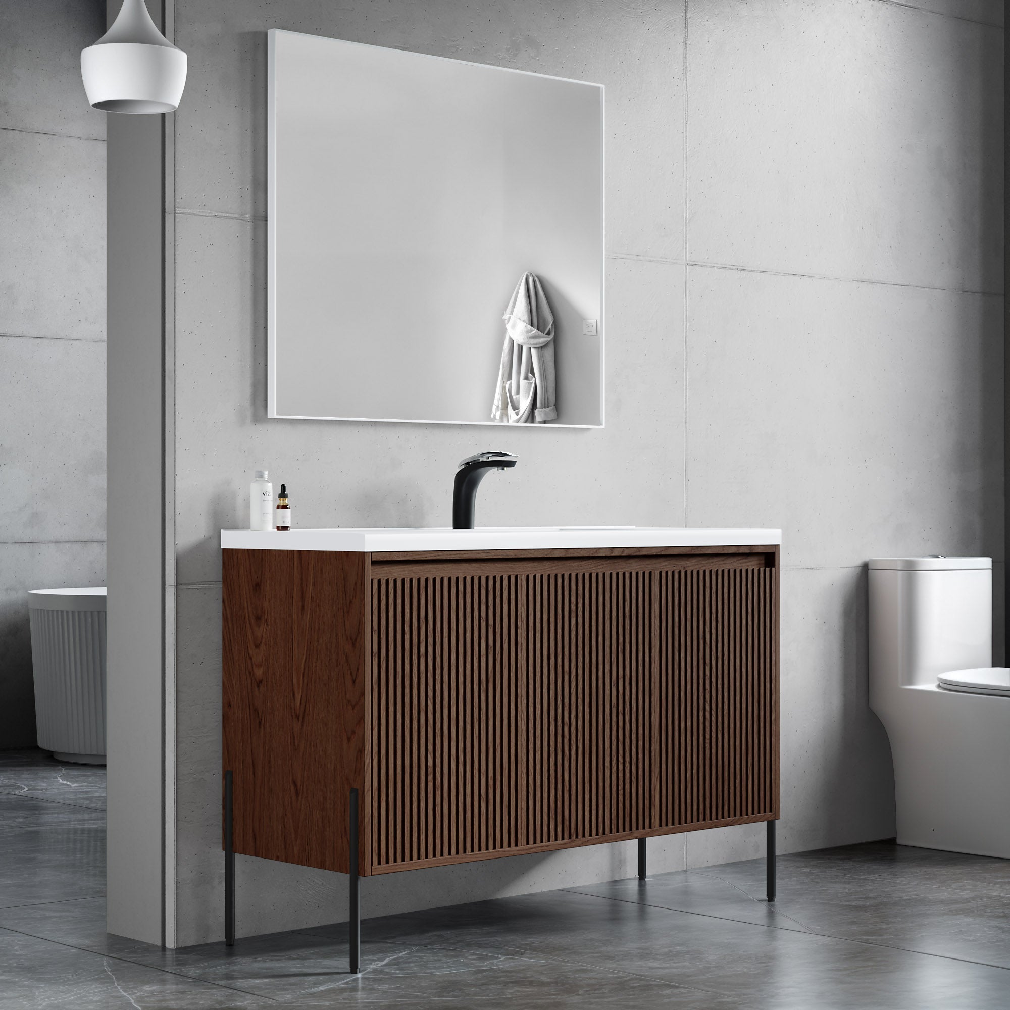 Dowell 48-Fluted Bathroom Vanity Set-(Assembled Cabinet Base with 3 Soft-Close Doors, Shelves & Ceramic/Resin Basin, Black/Golden Legs - 002 48 Series