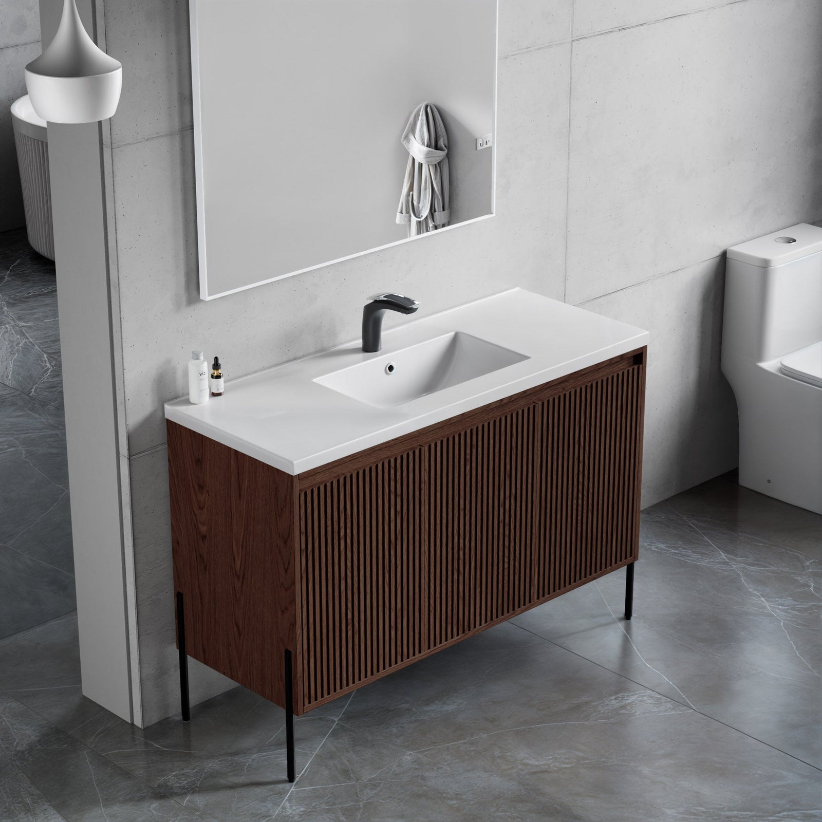 Dowell 48-Fluted Bathroom Vanity Set-(Assembled Cabinet Base with 3 Soft-Close Doors, Shelves & Ceramic/Resin Basin, Black/Golden Legs - 002 48 Series