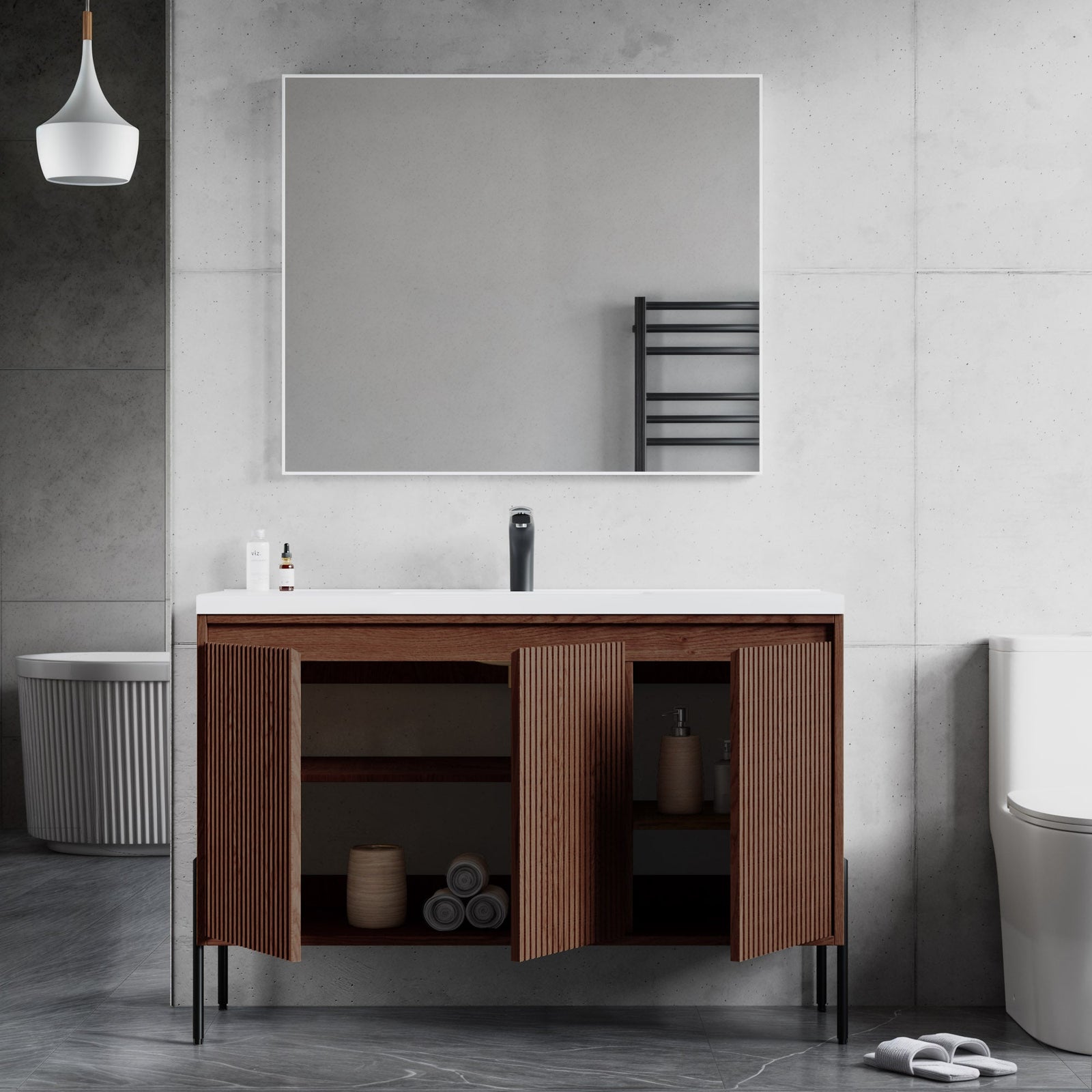 Dowell 48-Fluted Bathroom Vanity Set-(Assembled Cabinet Base with 3 Soft-Close Doors, Shelves & Ceramic/Resin Basin, Black/Golden Legs - 002 48 Series