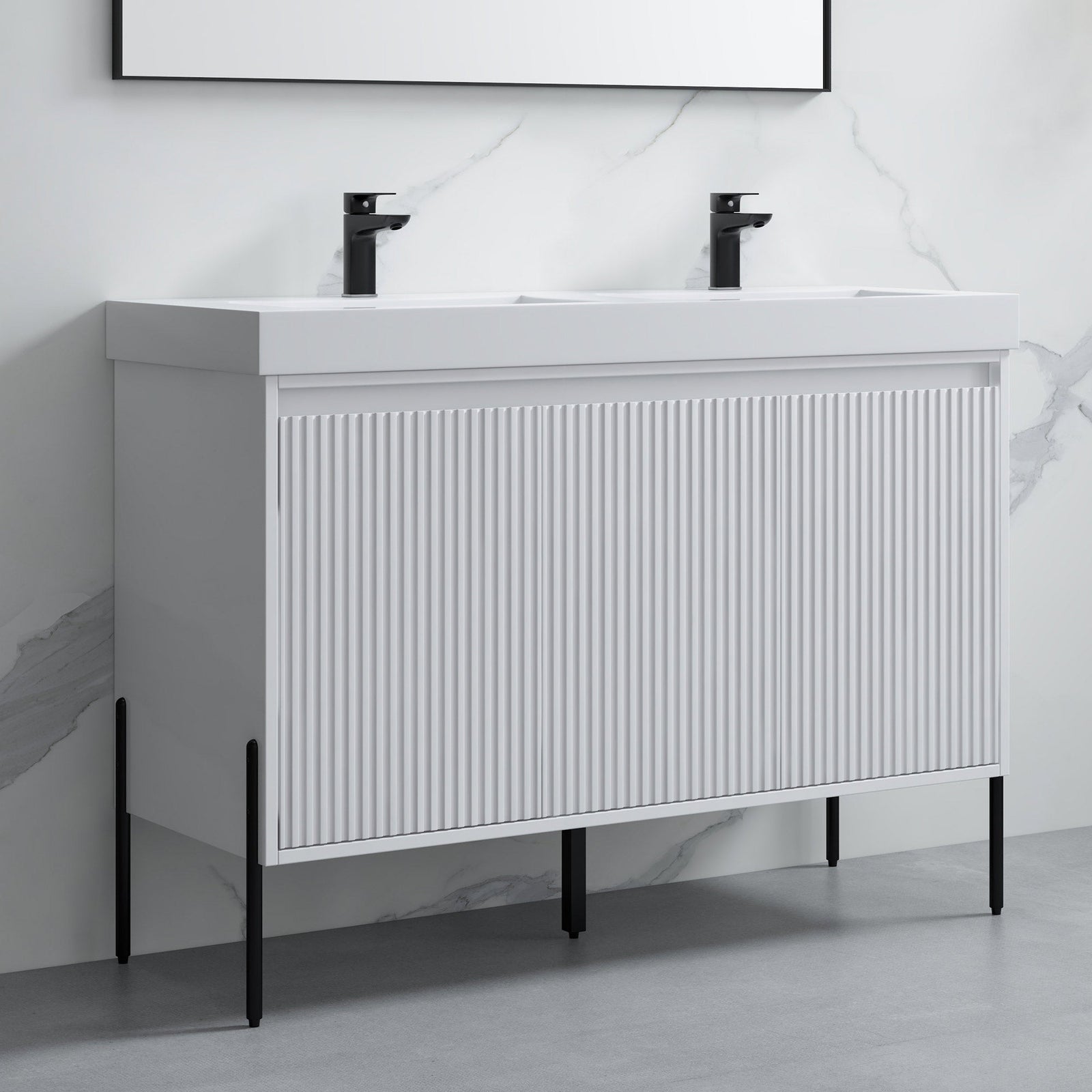 Dowell 48-Fluted Bathroom Vanity Set-(Assembled Cabinet Base with 3 Soft-Close Doors, Shelves & Ceramic/Resin Basin, Black/Golden Legs - 002 48 Series