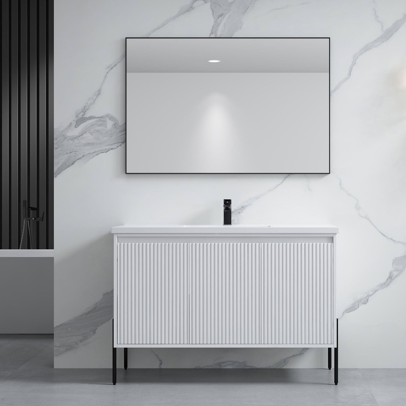 Dowell 48-Fluted Bathroom Vanity Set-(Assembled Cabinet Base with 3 Soft-Close Doors, Shelves & Ceramic/Resin Basin, Black/Golden Legs - 002 48 Series