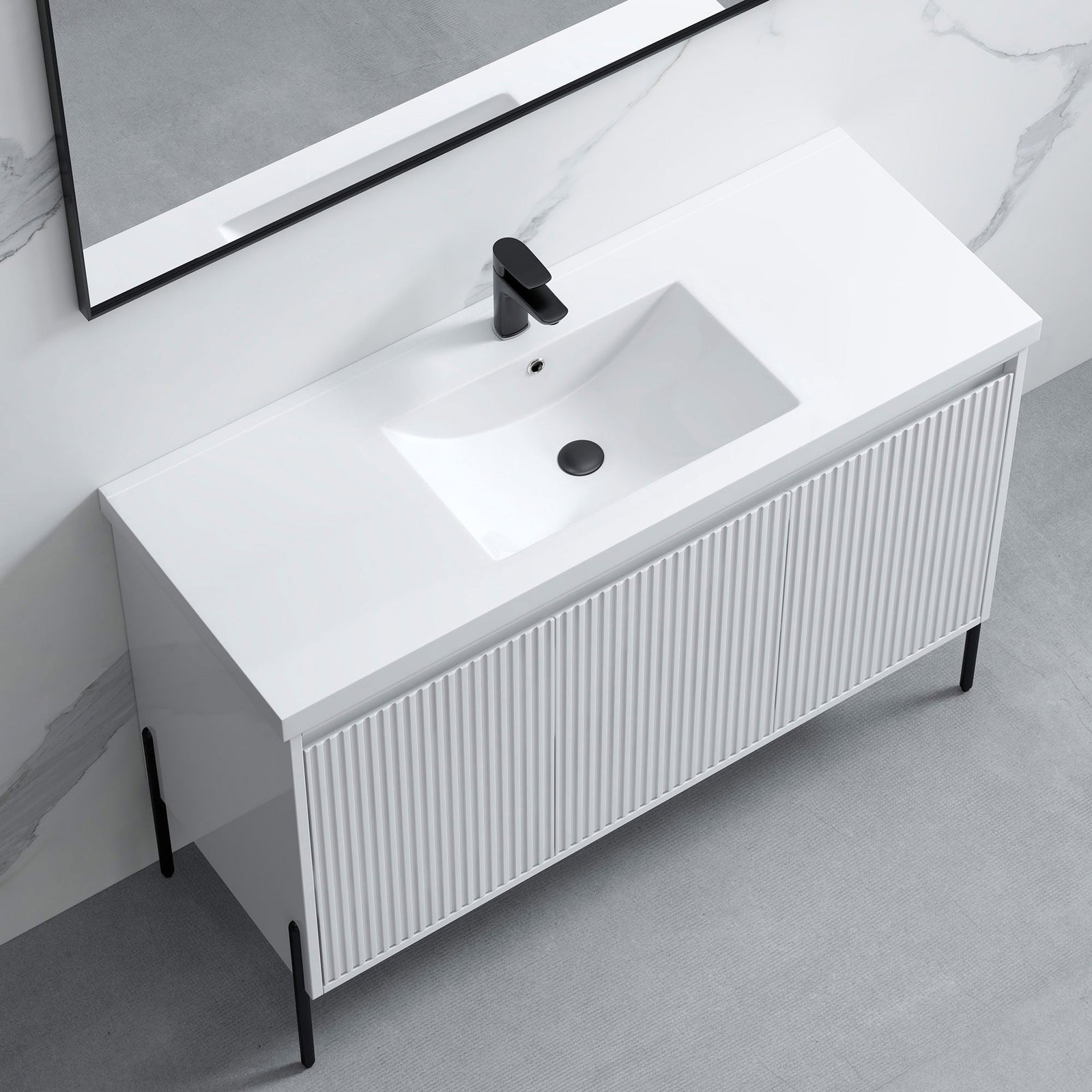 Dowell 48-Fluted Bathroom Vanity Set-(Assembled Cabinet Base with 3 Soft-Close Doors, Shelves & Ceramic/Resin Basin, Black/Golden Legs - 002 48 Series