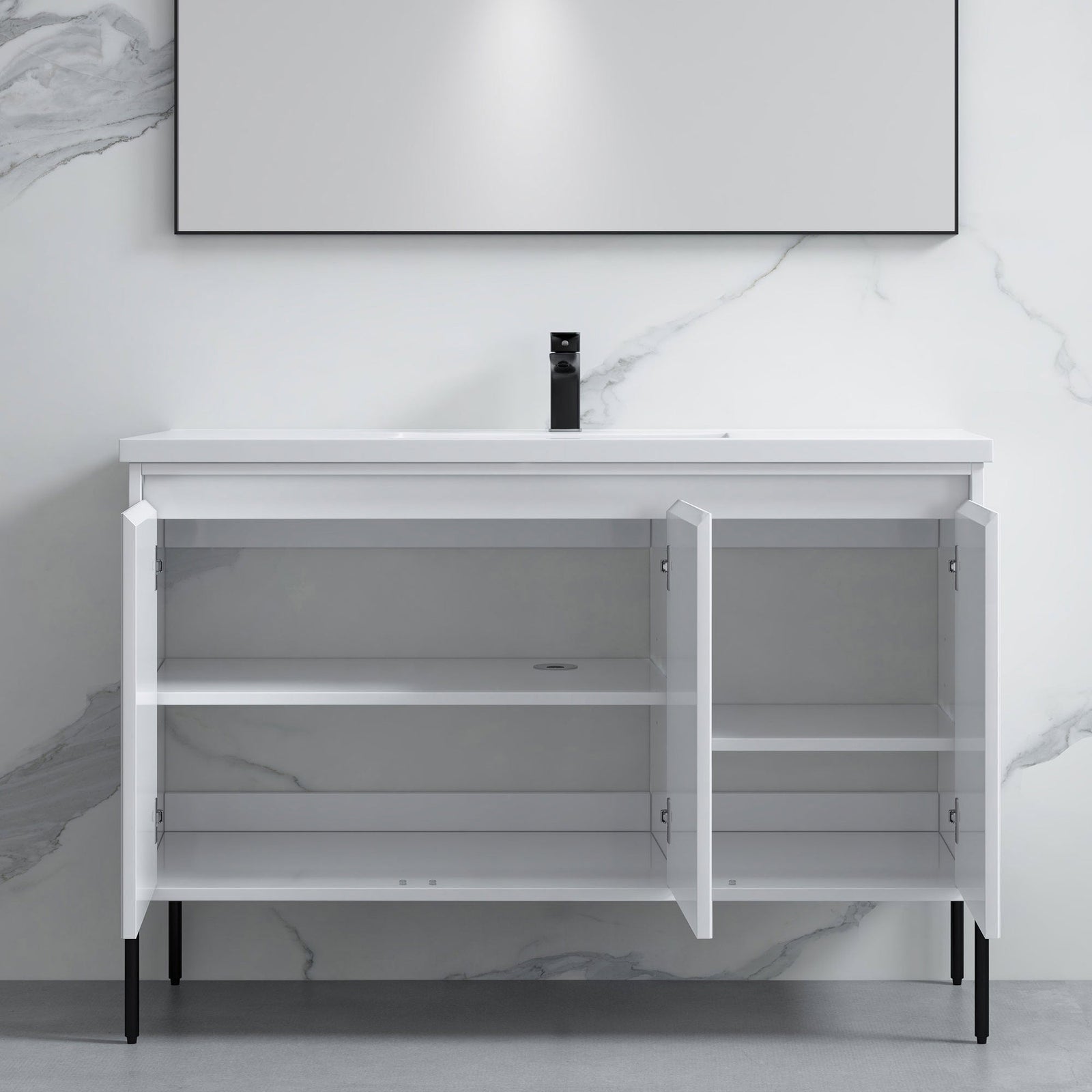 Dowell 48-Fluted Bathroom Vanity Set-(Assembled Cabinet Base with 3 Soft-Close Doors, Shelves & Ceramic/Resin Basin, Black/Golden Legs - 002 48 Series