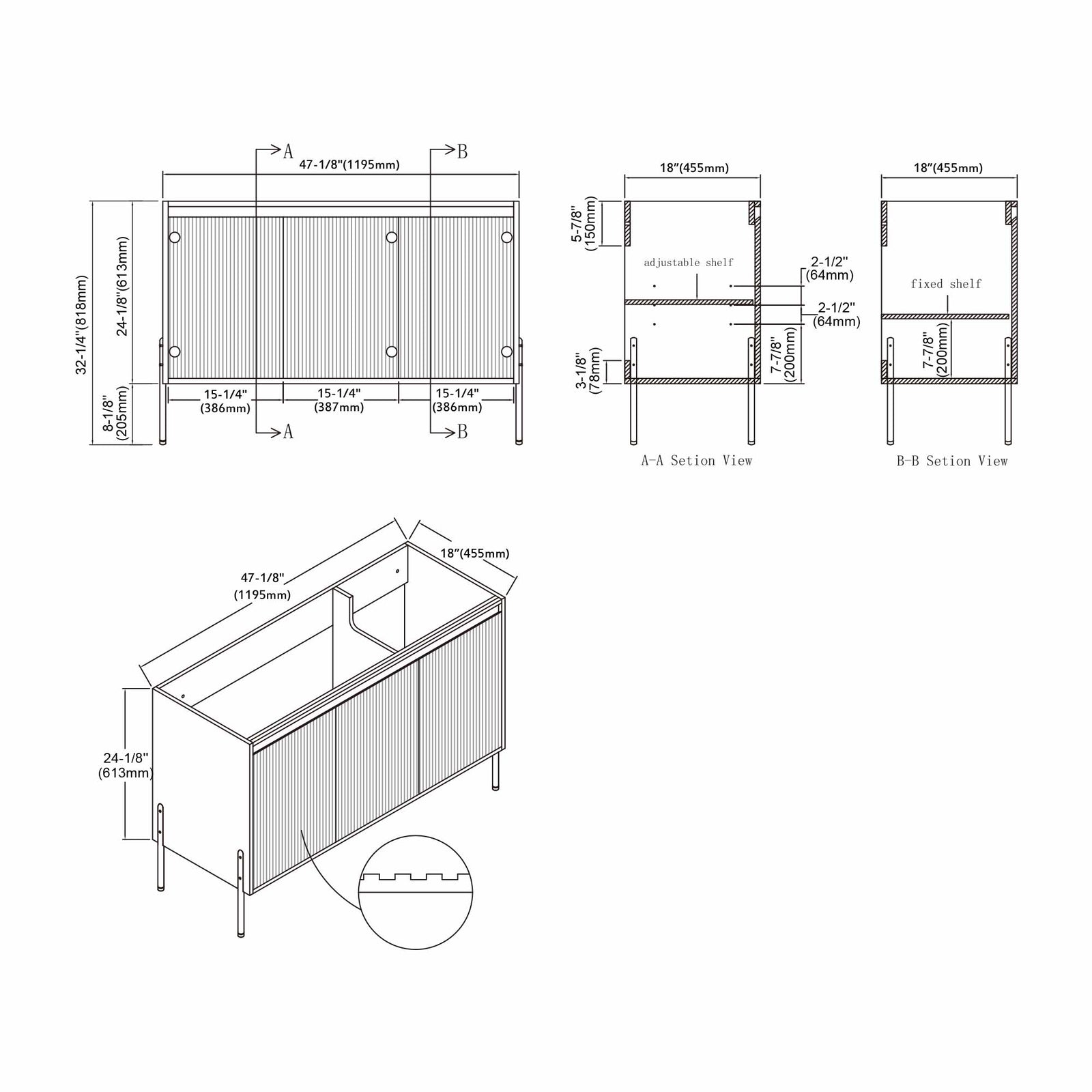 Dowell 48-Fluted Bathroom Vanity Set-(Assembled Cabinet Base with 3 Soft-Close Doors, Shelves & Ceramic/Resin Basin, Black/Golden Legs - 002 48 Series