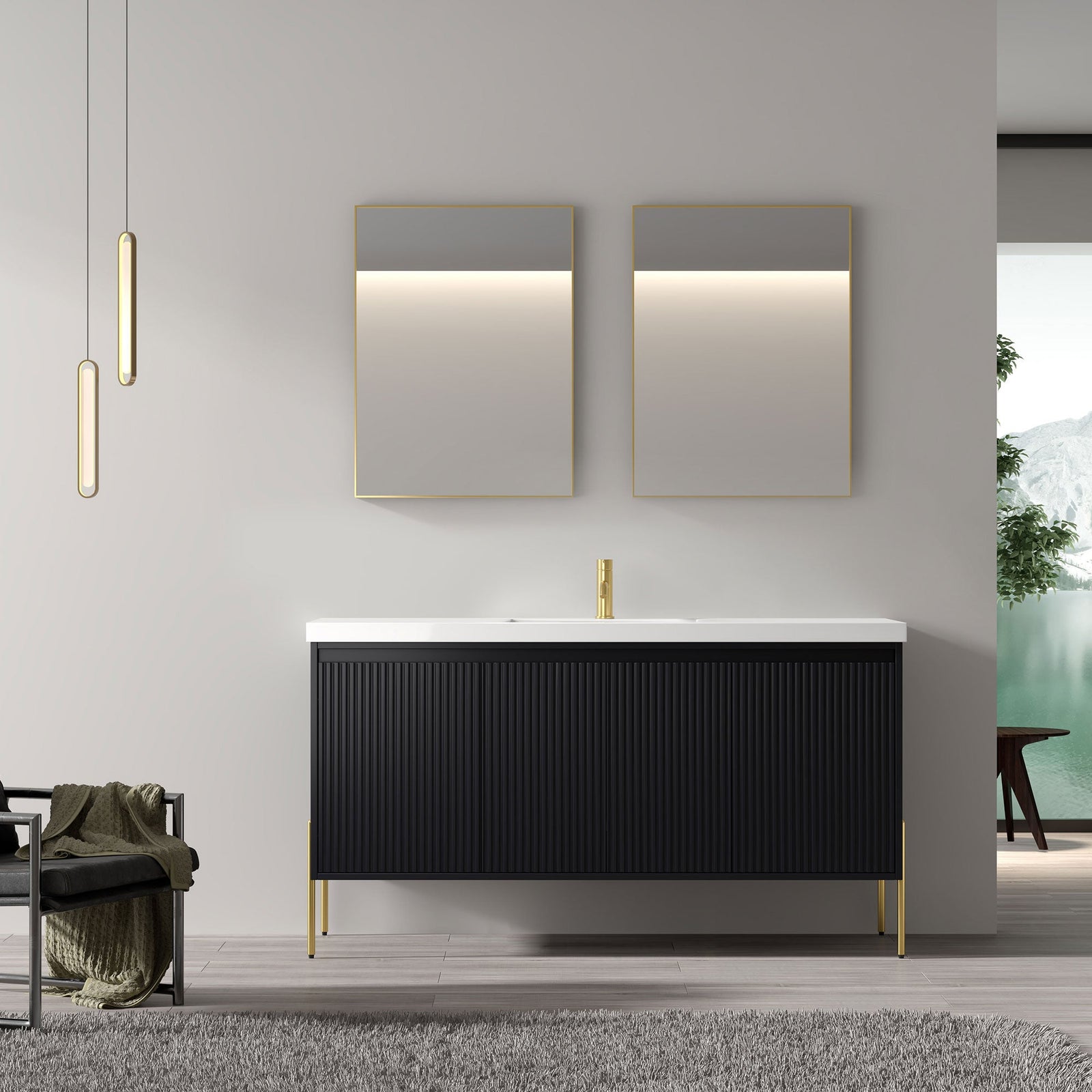 Dowell 60¡°(Fluted Bathroom Vanity Set ¡°(Assembled Cabinet Base with 4 Soft-Close Doors, Shelves & Resin Basin - 002 60 Series