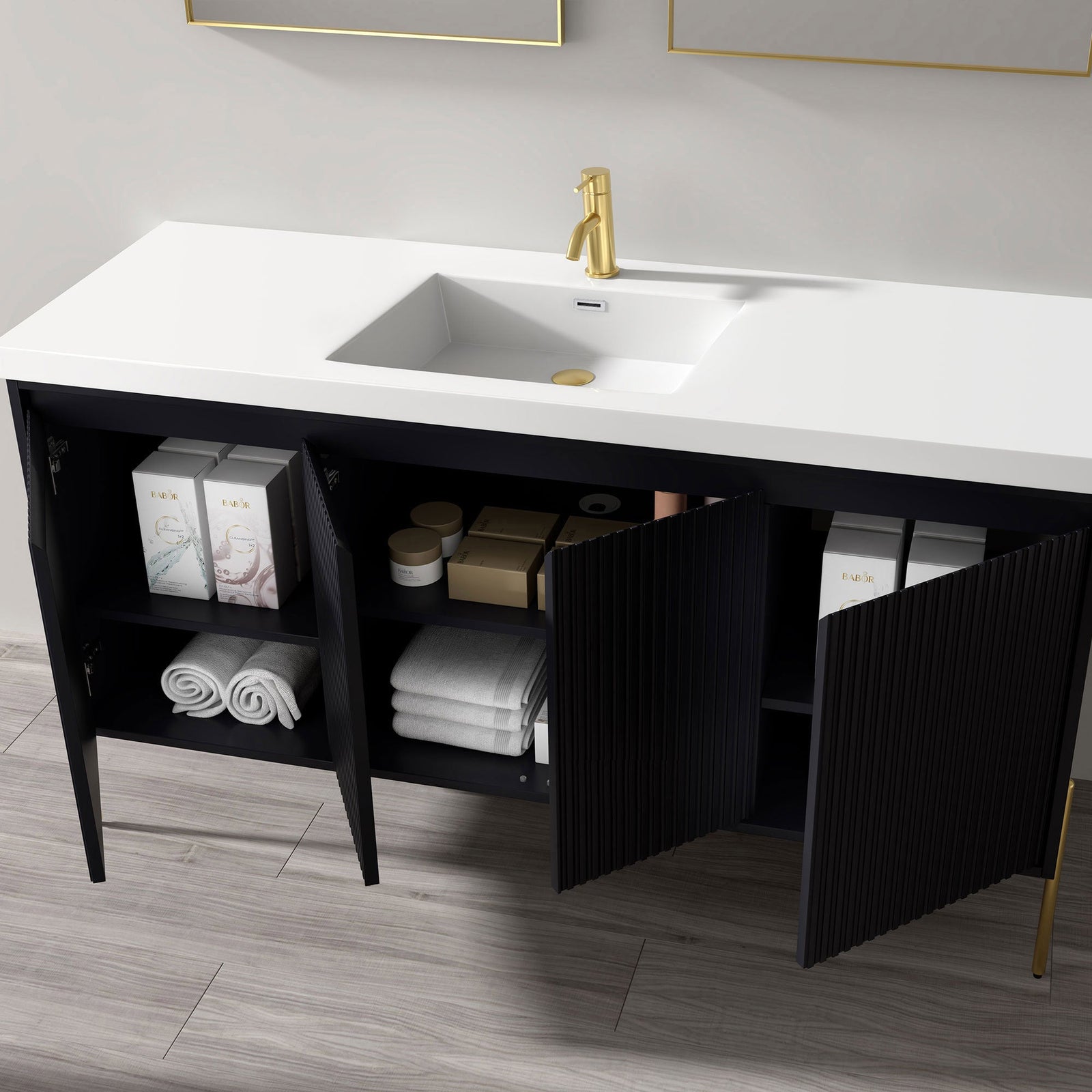 Dowell 60¡°(Fluted Bathroom Vanity Set ¡°(Assembled Cabinet Base with 4 Soft-Close Doors, Shelves & Resin Basin - 002 60 Series