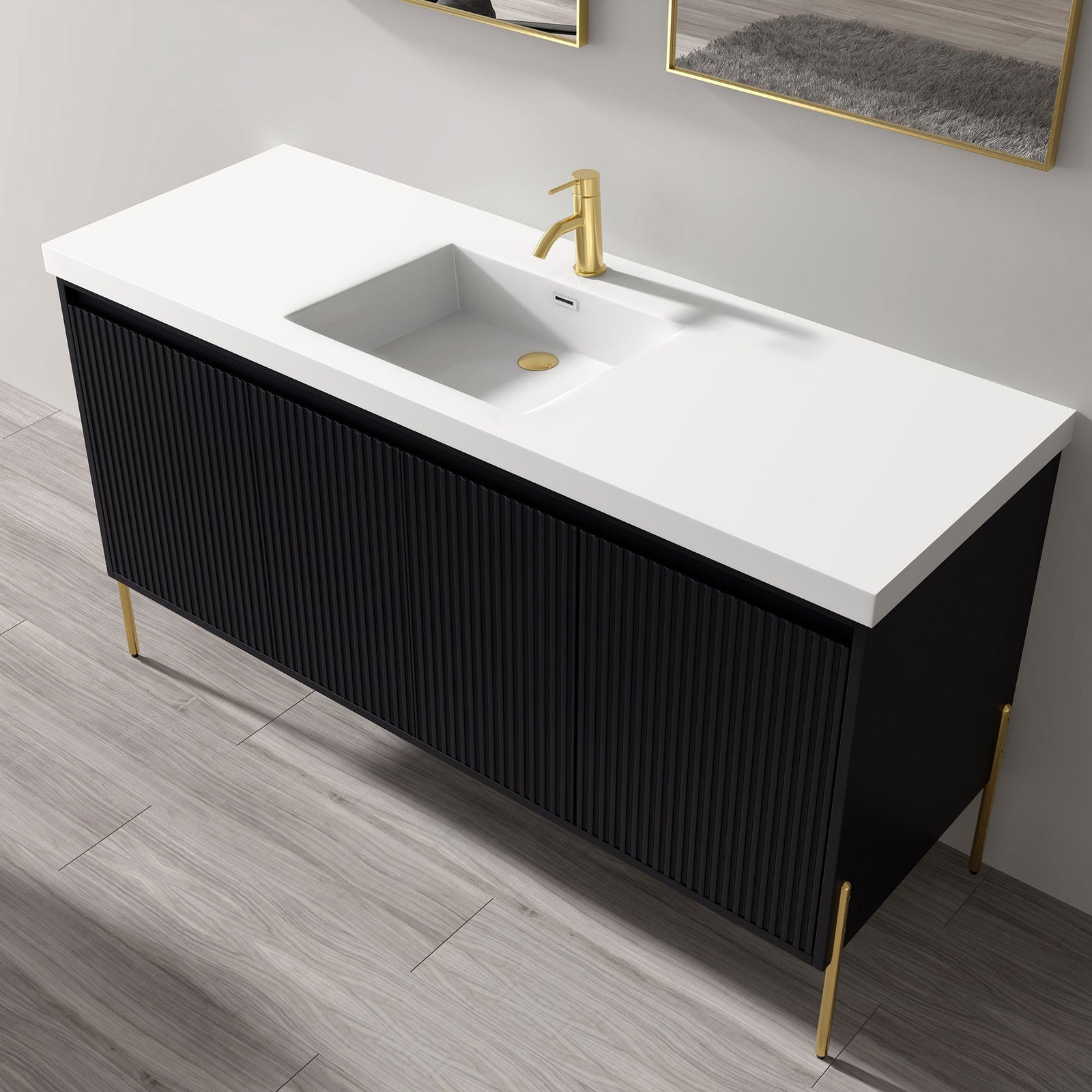Dowell 60¡°(Fluted Bathroom Vanity Set ¡°(Assembled Cabinet Base with 4 Soft-Close Doors, Shelves & Resin Basin - 002 60 Series