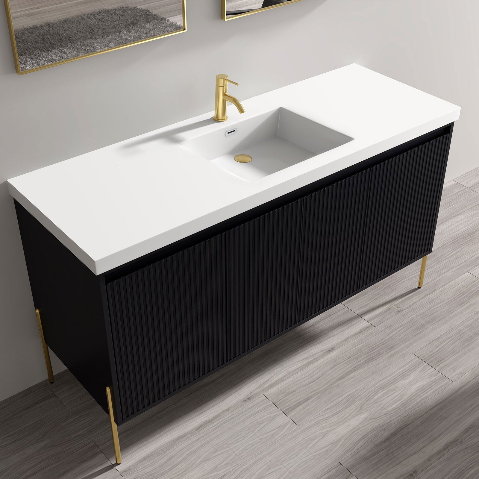 Dowell 60¡°(Fluted Bathroom Vanity Set ¡°(Assembled Cabinet Base with 4 Soft-Close Doors, Shelves & Resin Basin - 002 60 Series