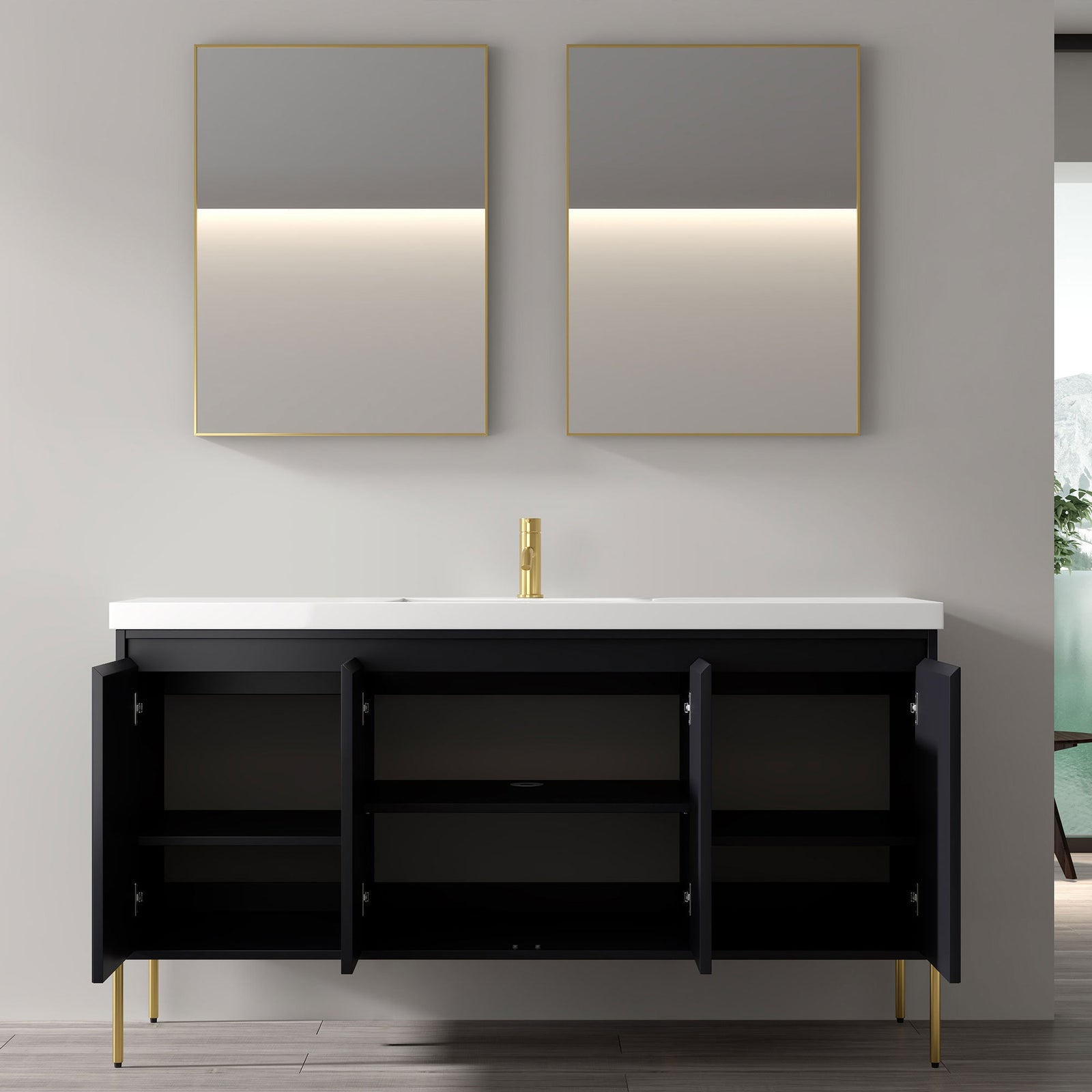 Dowell 60¡°(Fluted Bathroom Vanity Set ¡°(Assembled Cabinet Base with 4 Soft-Close Doors, Shelves & Resin Basin - 002 60 Series