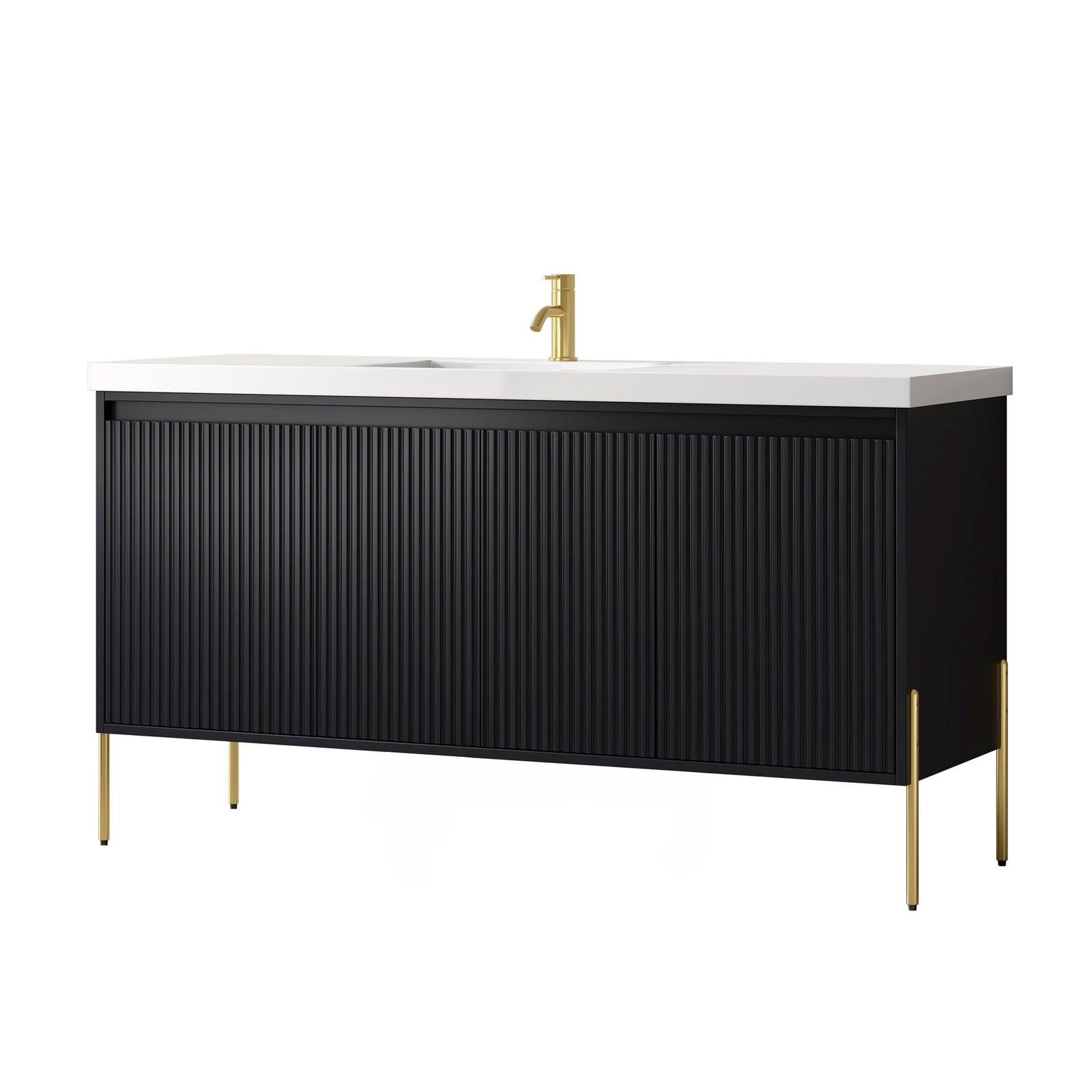 Dowell 60¡°(Fluted Bathroom Vanity Set ¡°(Assembled Cabinet Base with 4 Soft-Close Doors, Shelves & Resin Basin - 002 60 Series
