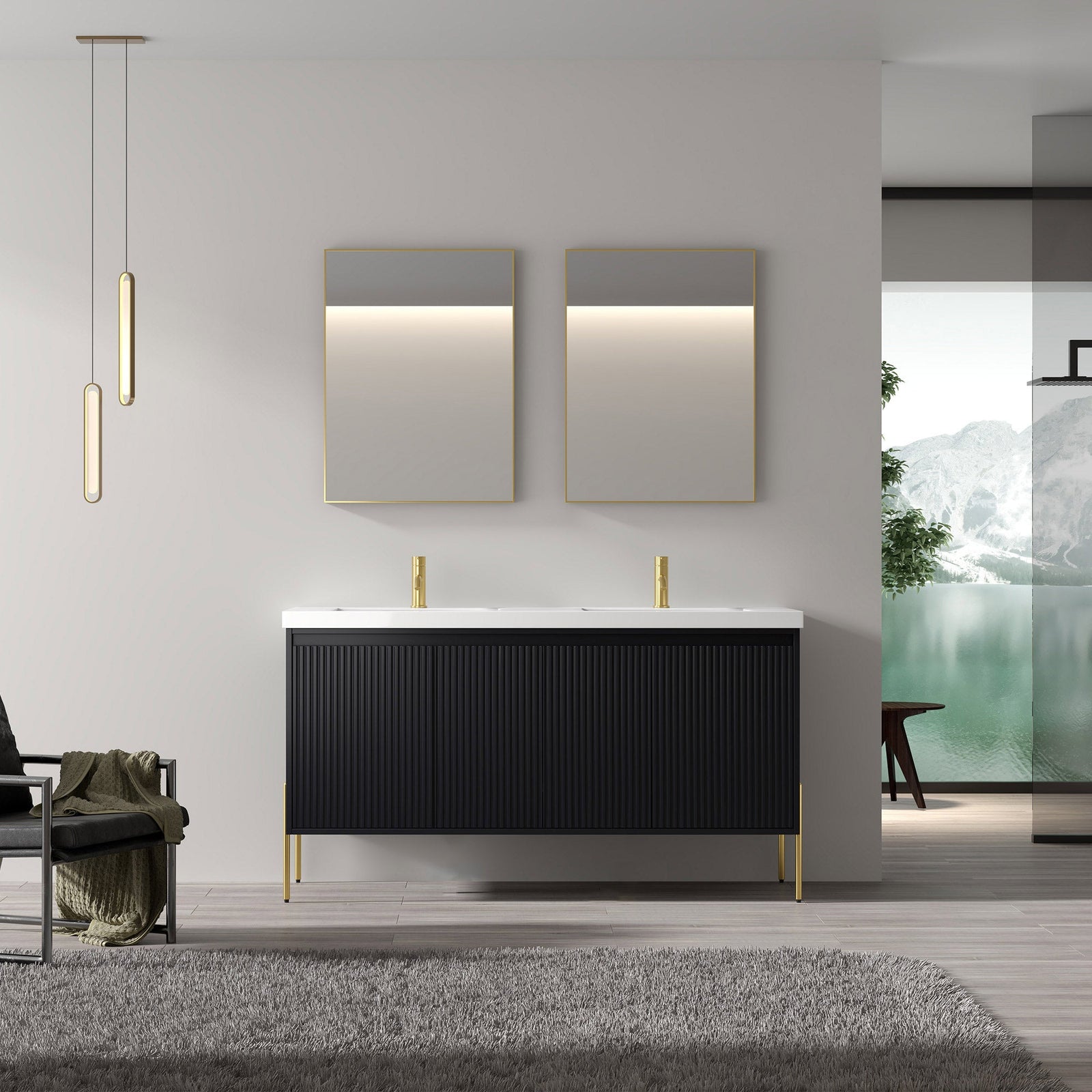 Dowell 60¡°(Fluted Bathroom Vanity Set ¡°(Assembled Cabinet Base with 4 Soft-Close Doors, Shelves & Resin Basin - 002 60 Series