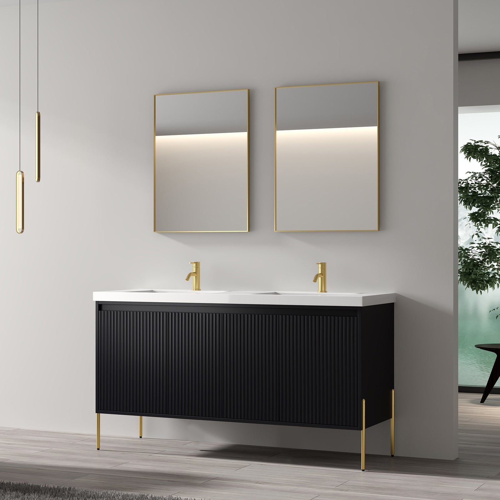 Dowell 60¡°(Fluted Bathroom Vanity Set ¡°(Assembled Cabinet Base with 4 Soft-Close Doors, Shelves & Resin Basin - 002 60 Series