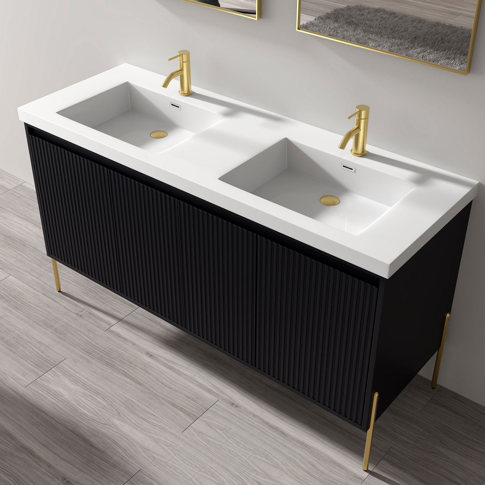 Dowell 60¡°(Fluted Bathroom Vanity Set ¡°(Assembled Cabinet Base with 4 Soft-Close Doors, Shelves & Resin Basin - 002 60 Series
