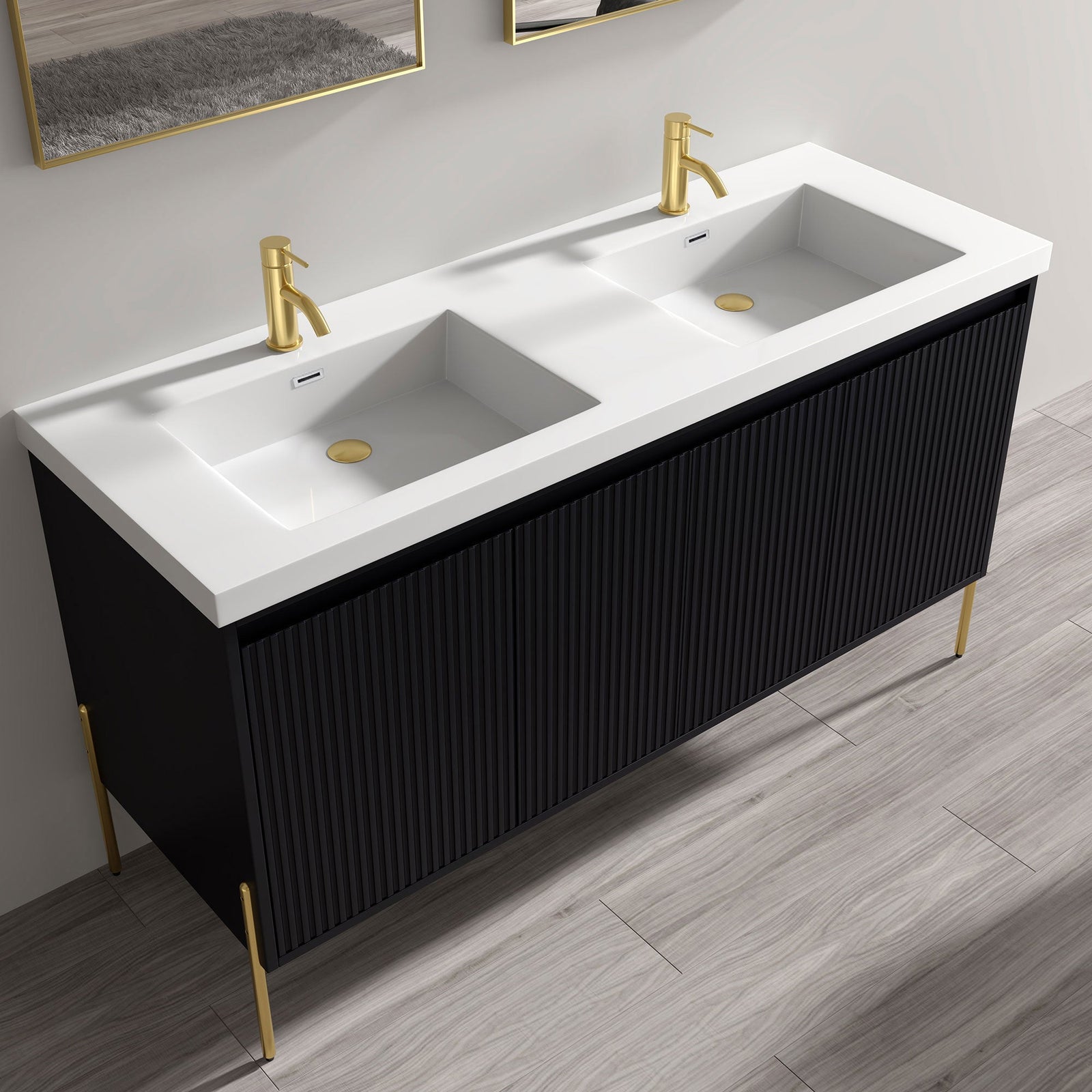 Dowell 60¡°(Fluted Bathroom Vanity Set ¡°(Assembled Cabinet Base with 4 Soft-Close Doors, Shelves & Resin Basin - 002 60 Series