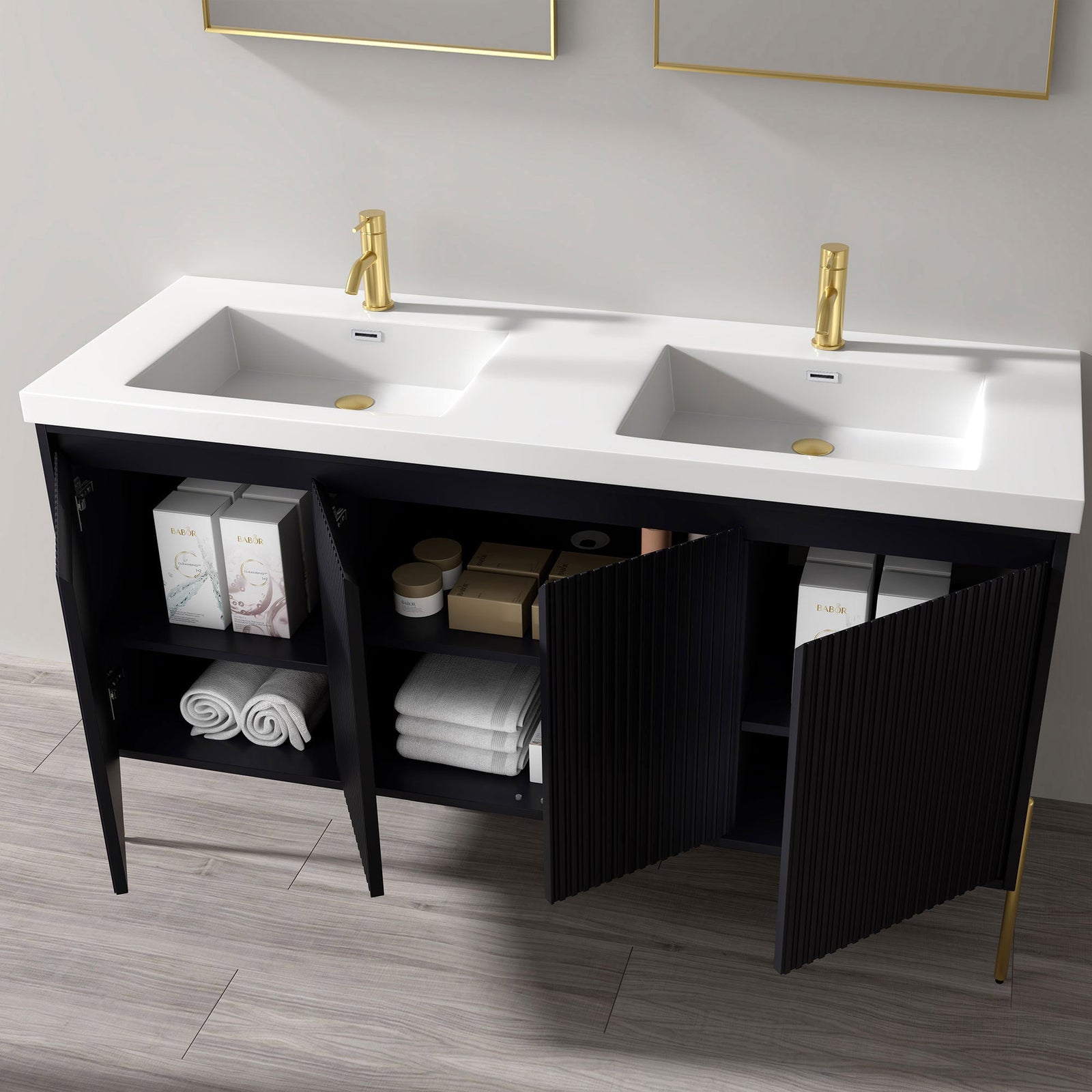 Dowell 60¡°(Fluted Bathroom Vanity Set ¡°(Assembled Cabinet Base with 4 Soft-Close Doors, Shelves & Resin Basin - 002 60 Series