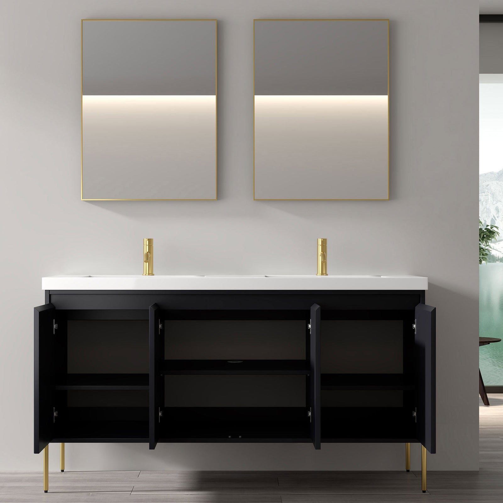 Dowell 60¡°(Fluted Bathroom Vanity Set ¡°(Assembled Cabinet Base with 4 Soft-Close Doors, Shelves & Resin Basin - 002 60 Series