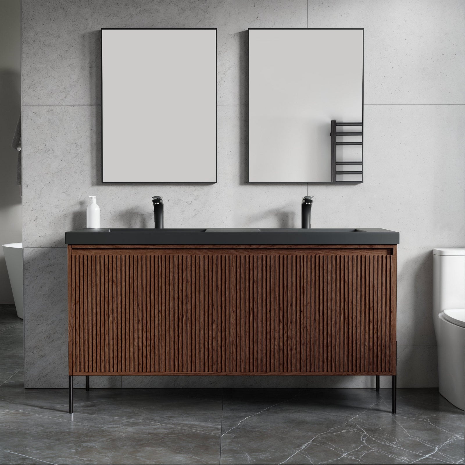 Dowell 60¡°(Fluted Bathroom Vanity Set ¡°(Assembled Cabinet Base with 4 Soft-Close Doors, Shelves & Resin Basin - 002 60 Series