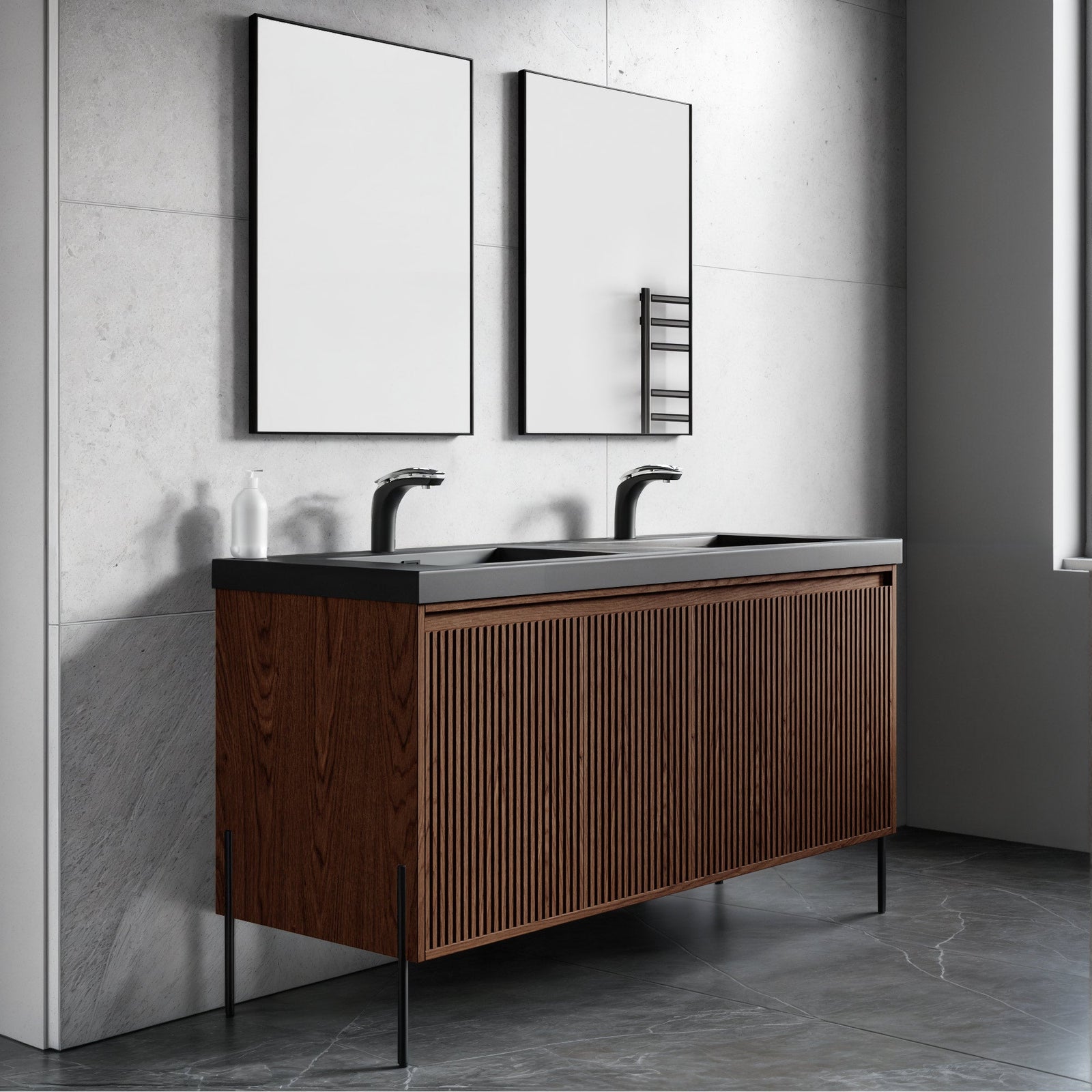 Dowell 60¡°(Fluted Bathroom Vanity Set ¡°(Assembled Cabinet Base with 4 Soft-Close Doors, Shelves & Resin Basin - 002 60 Series