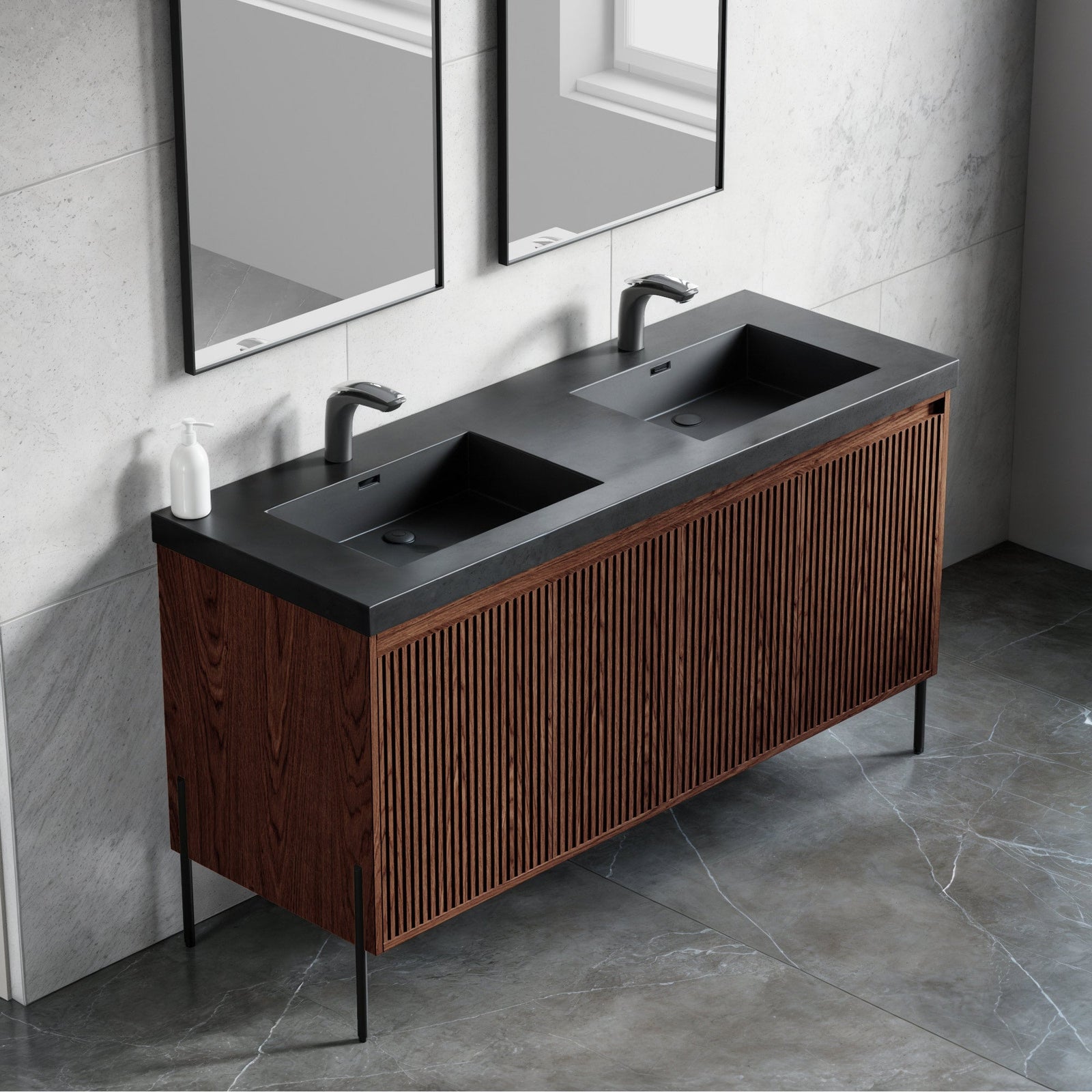 Dowell 60¡°(Fluted Bathroom Vanity Set ¡°(Assembled Cabinet Base with 4 Soft-Close Doors, Shelves & Resin Basin - 002 60 Series