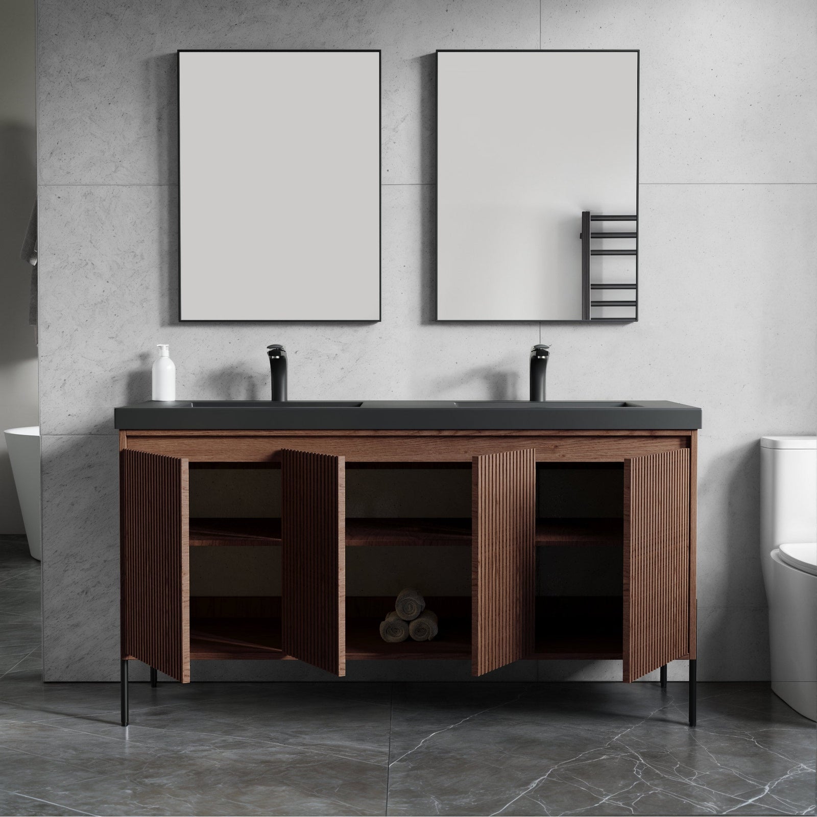 Dowell 60¡°(Fluted Bathroom Vanity Set ¡°(Assembled Cabinet Base with 4 Soft-Close Doors, Shelves & Resin Basin - 002 60 Series
