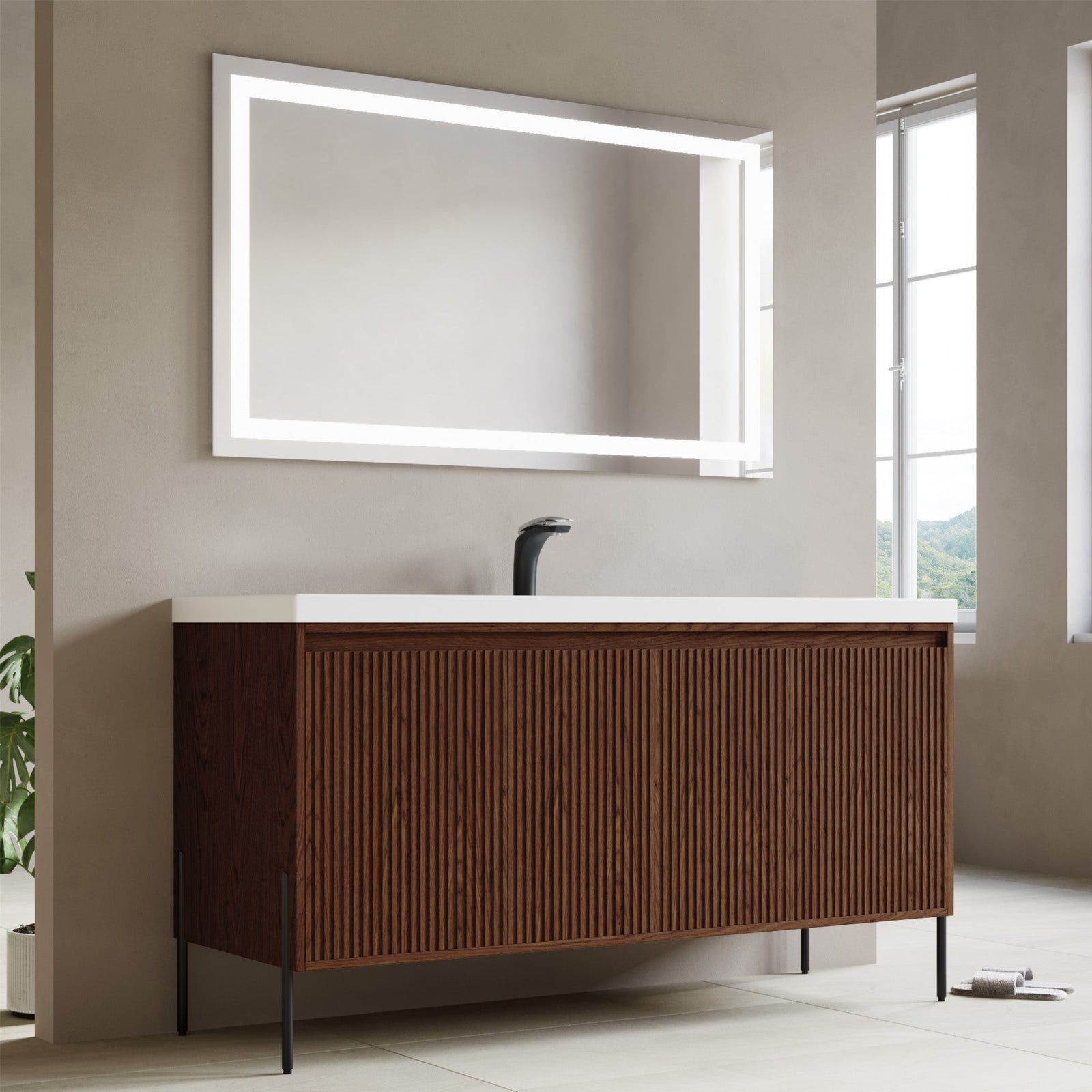 Dowell 60¡°(Fluted Bathroom Vanity Set ¡°(Assembled Cabinet Base with 4 Soft-Close Doors, Shelves & Resin Basin - 002 60 Series