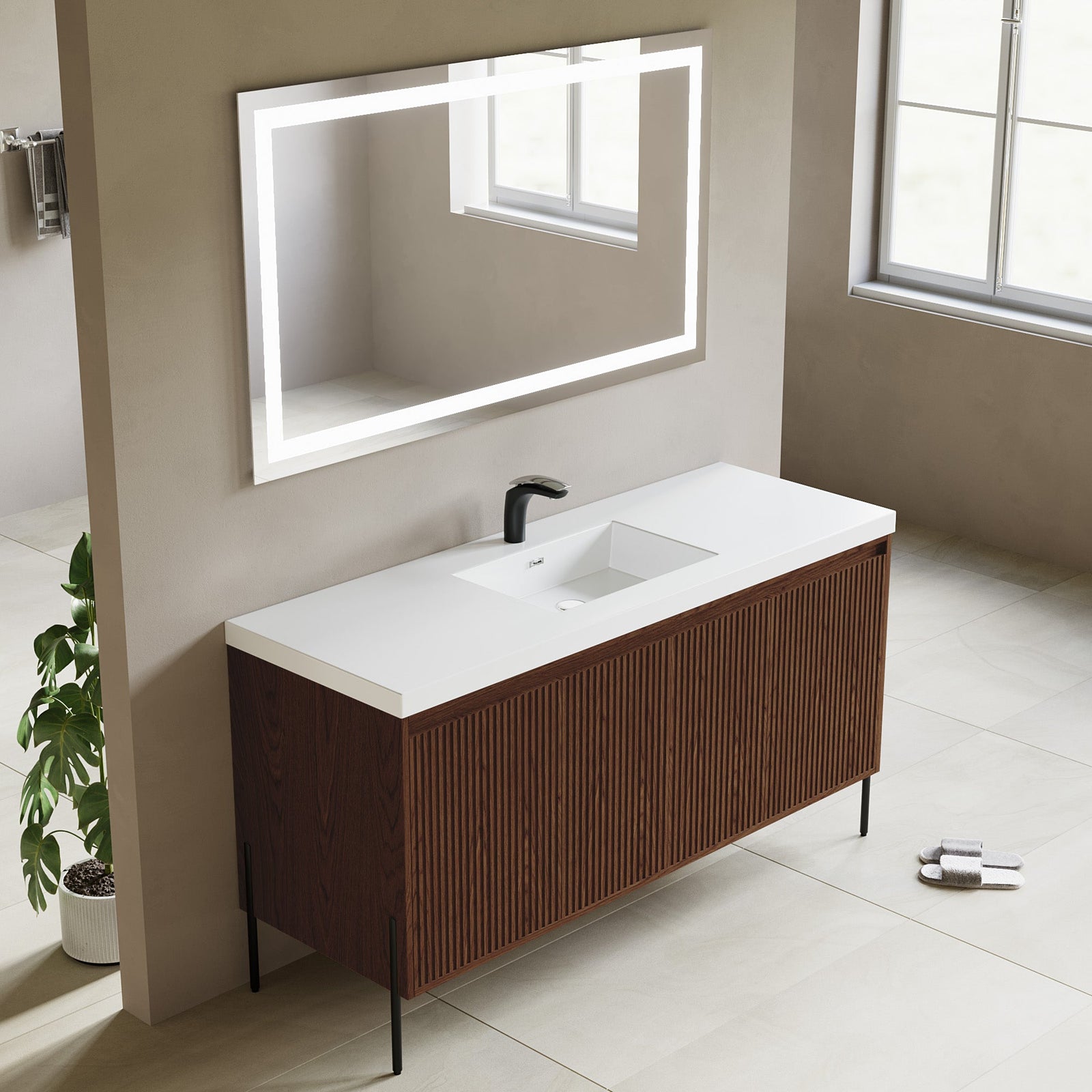 Dowell 60¡°(Fluted Bathroom Vanity Set ¡°(Assembled Cabinet Base with 4 Soft-Close Doors, Shelves & Resin Basin - 002 60 Series
