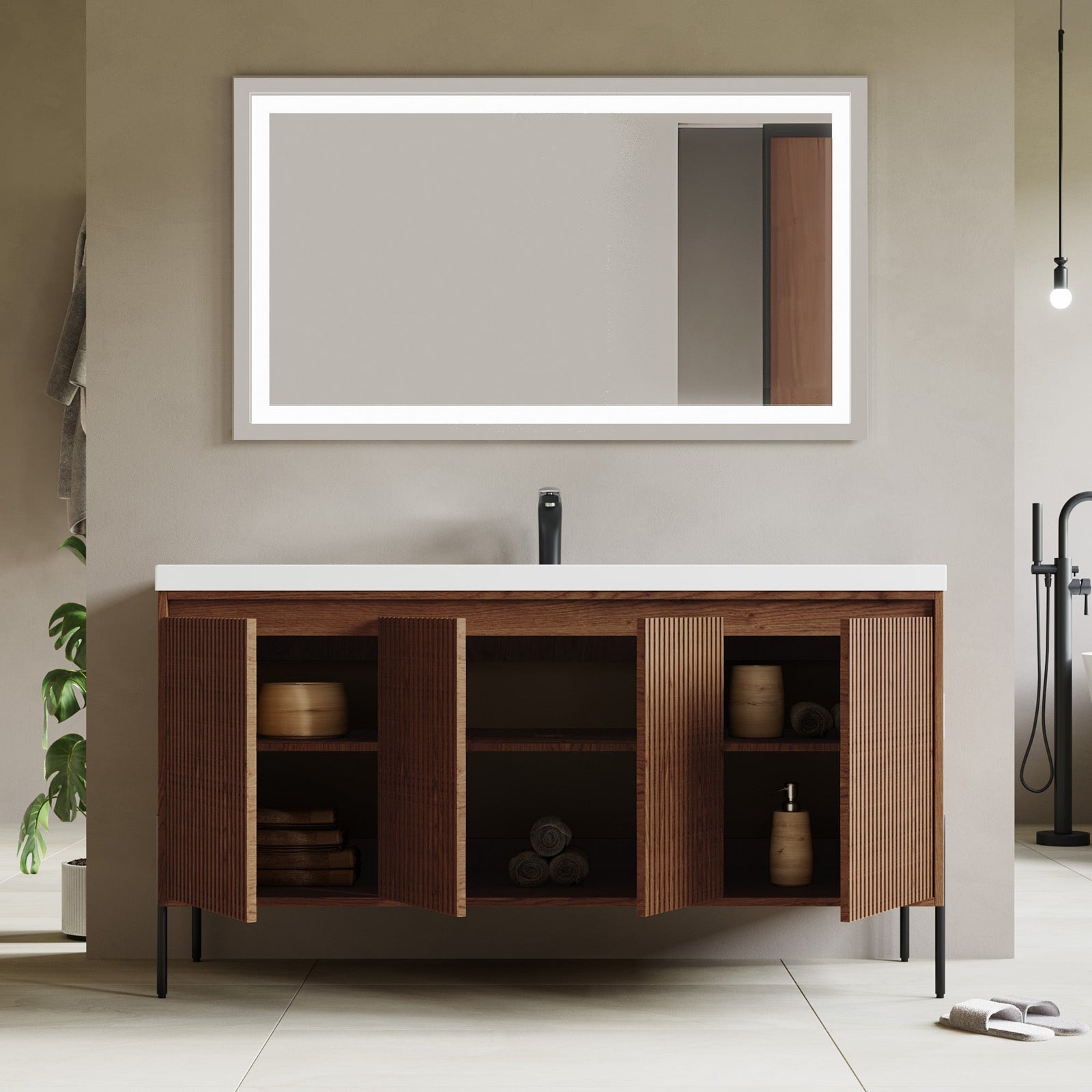 Dowell 60¡°(Fluted Bathroom Vanity Set ¡°(Assembled Cabinet Base with 4 Soft-Close Doors, Shelves & Resin Basin - 002 60 Series