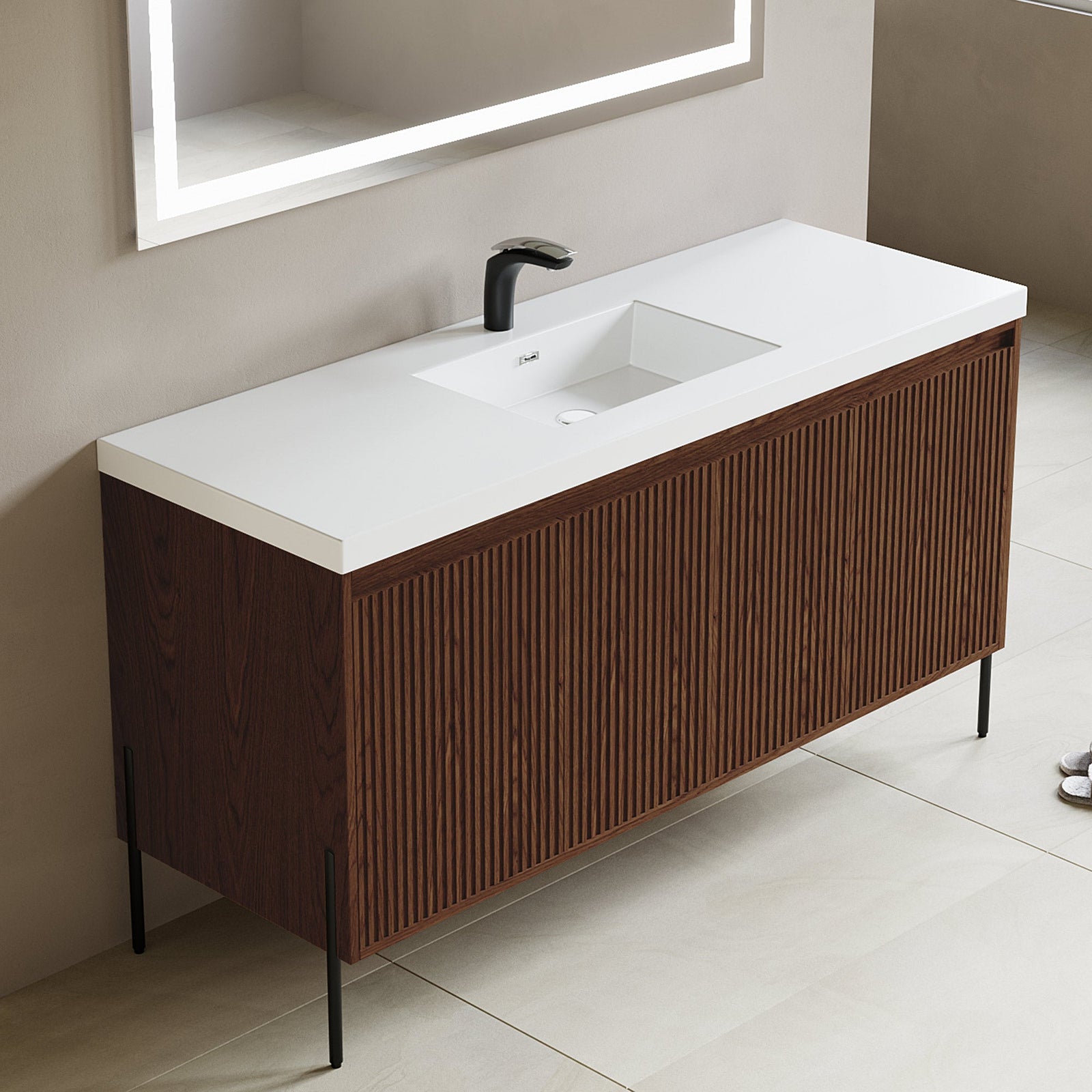Dowell 60¡°(Fluted Bathroom Vanity Set ¡°(Assembled Cabinet Base with 4 Soft-Close Doors, Shelves & Resin Basin - 002 60 Series
