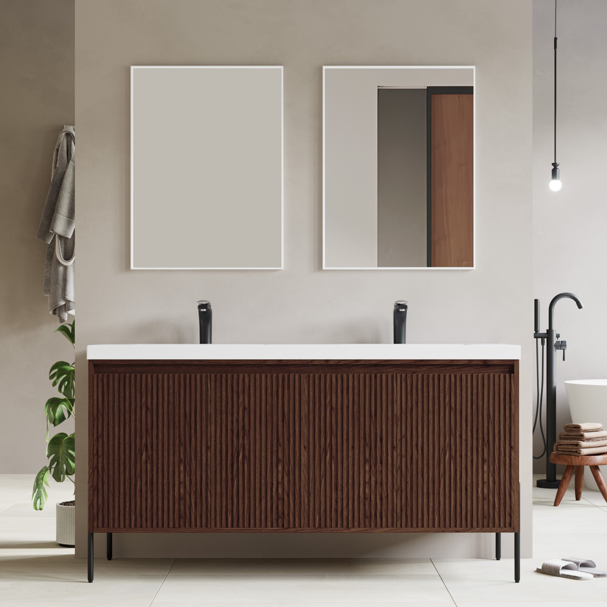Dowell 60¡°(Fluted Bathroom Vanity Set ¡°(Assembled Cabinet Base with 4 Soft-Close Doors, Shelves & Resin Basin - 002 60 Series
