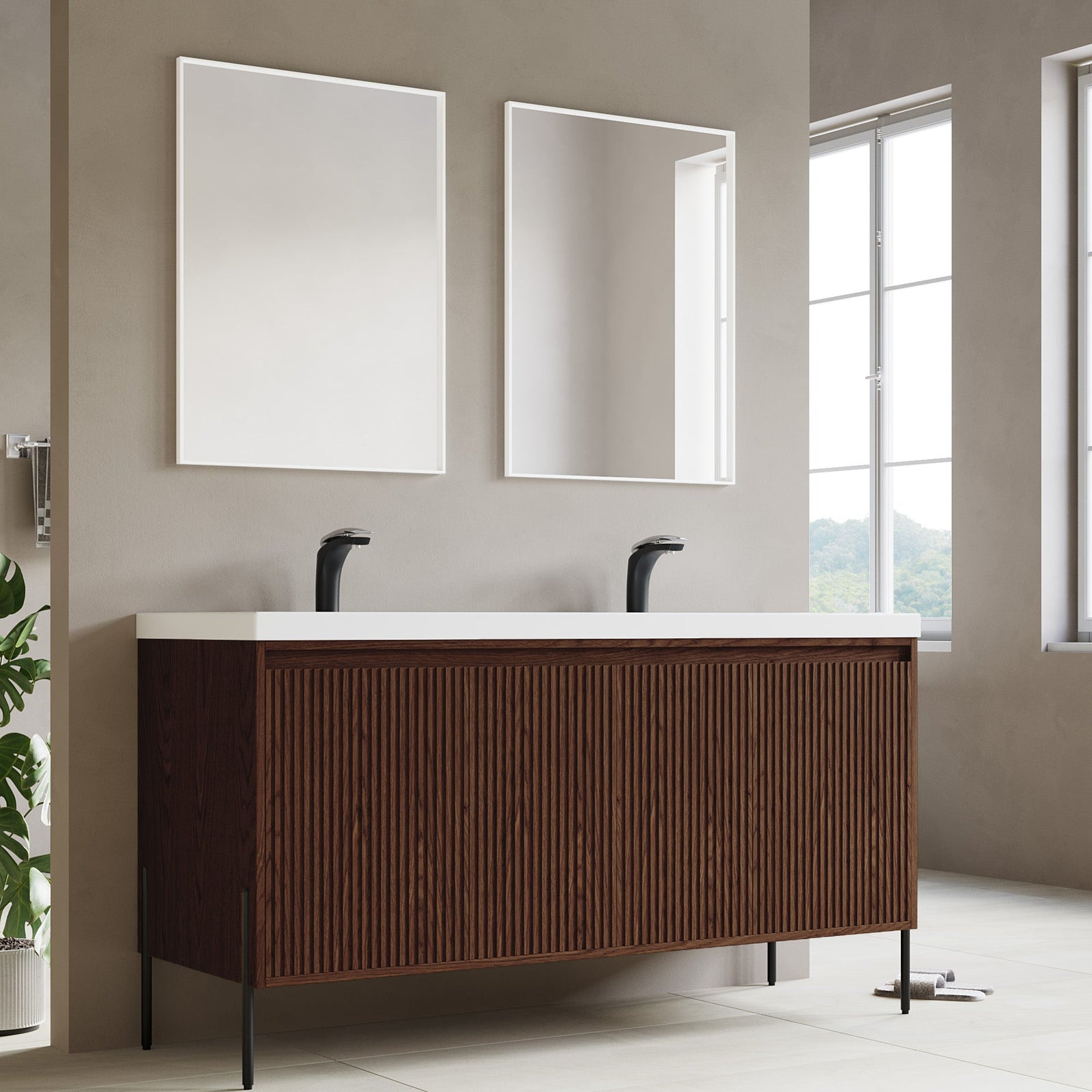 Dowell 60¡°(Fluted Bathroom Vanity Set ¡°(Assembled Cabinet Base with 4 Soft-Close Doors, Shelves & Resin Basin - 002 60 Series