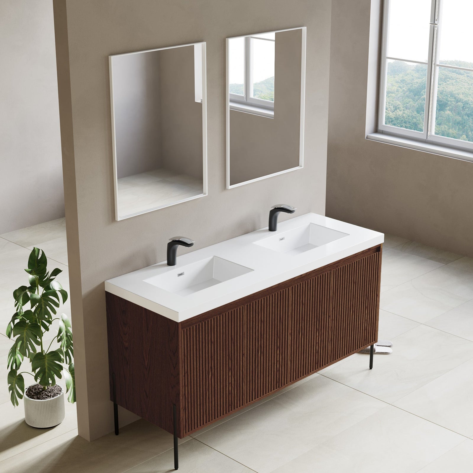 Dowell 60¡°(Fluted Bathroom Vanity Set ¡°(Assembled Cabinet Base with 4 Soft-Close Doors, Shelves & Resin Basin - 002 60 Series