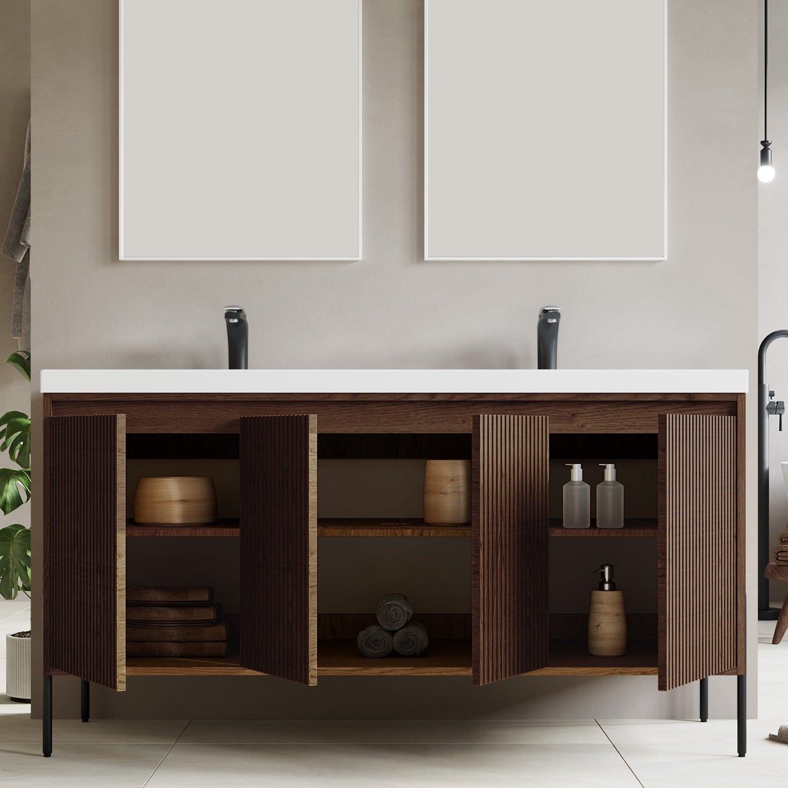 Dowell 60¡°(Fluted Bathroom Vanity Set ¡°(Assembled Cabinet Base with 4 Soft-Close Doors, Shelves & Resin Basin - 002 60 Series