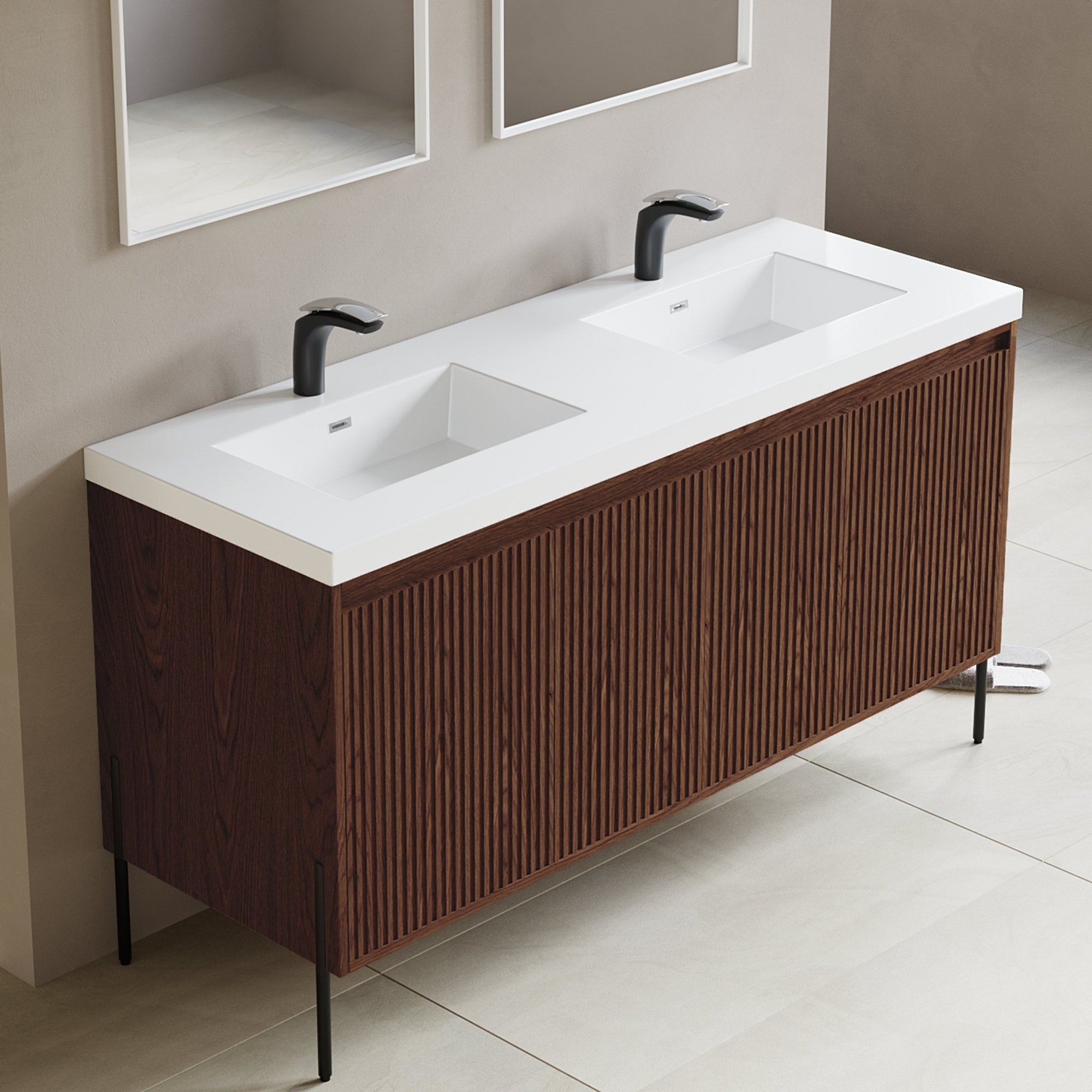 Dowell 60¡°(Fluted Bathroom Vanity Set ¡°(Assembled Cabinet Base with 4 Soft-Close Doors, Shelves & Resin Basin - 002 60 Series