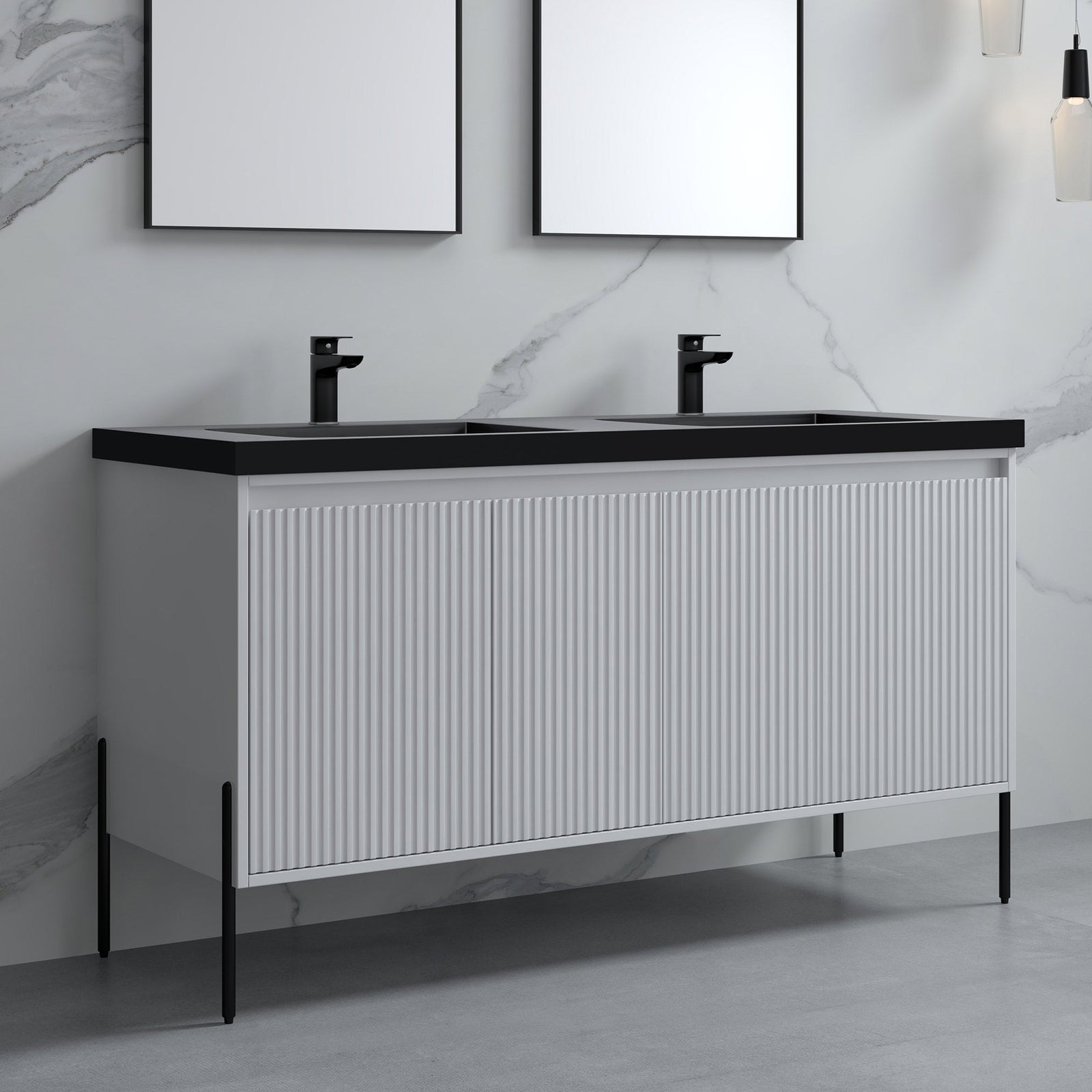 Dowell 60¡°(Fluted Bathroom Vanity Set ¡°(Assembled Cabinet Base with 4 Soft-Close Doors, Shelves & Resin Basin - 002 60 Series