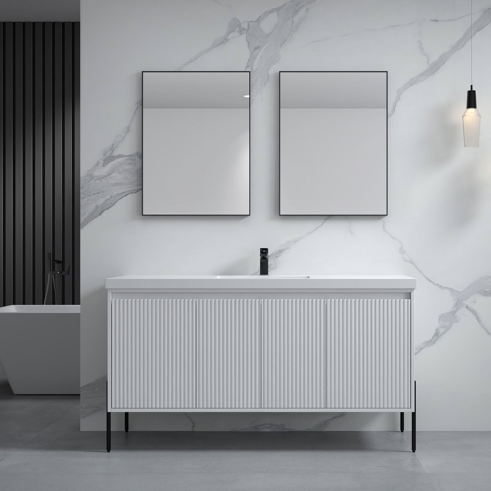 Dowell 60¡°(Fluted Bathroom Vanity Set ¡°(Assembled Cabinet Base with 4 Soft-Close Doors, Shelves & Resin Basin - 002 60 Series