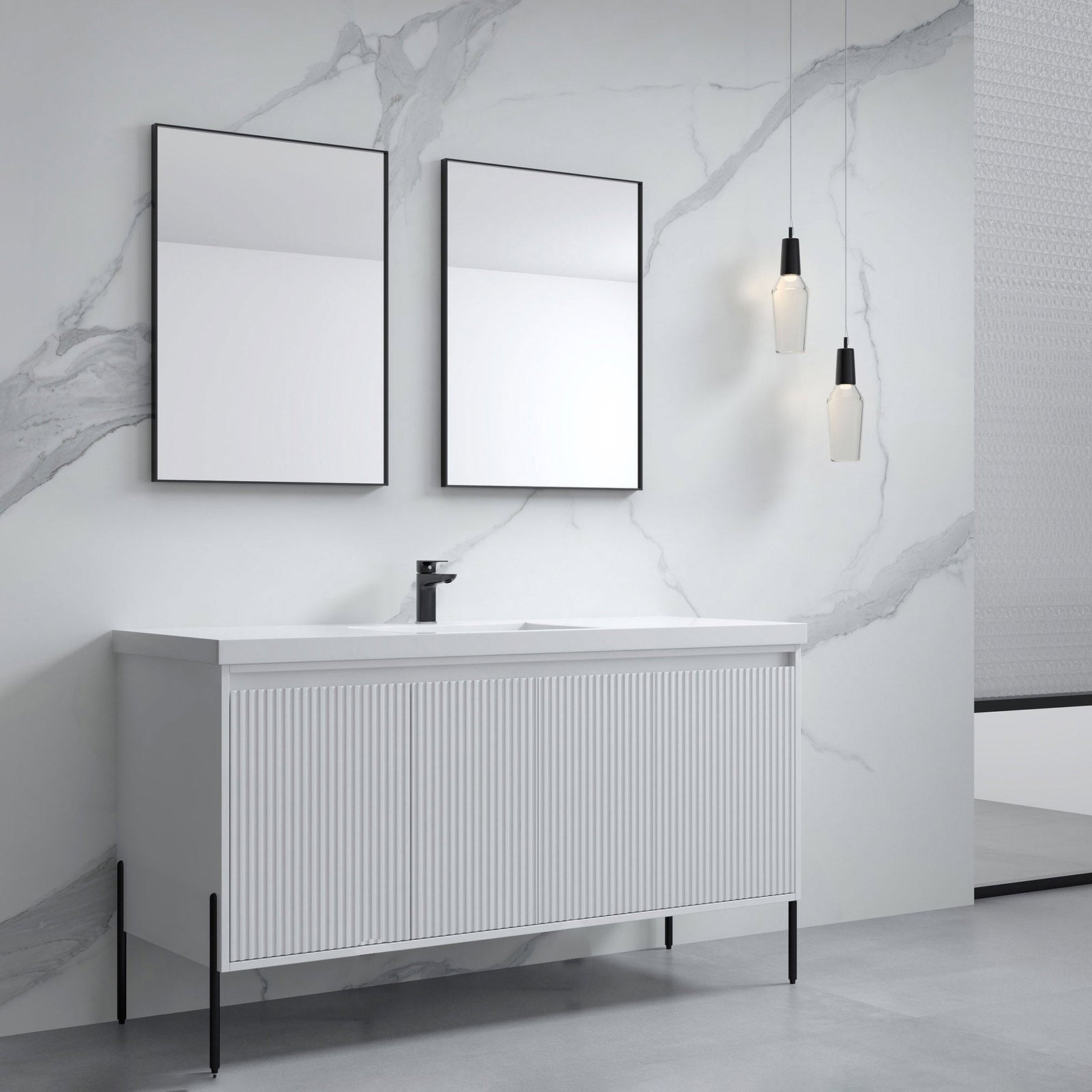 Dowell 60¡°(Fluted Bathroom Vanity Set ¡°(Assembled Cabinet Base with 4 Soft-Close Doors, Shelves & Resin Basin - 002 60 Series