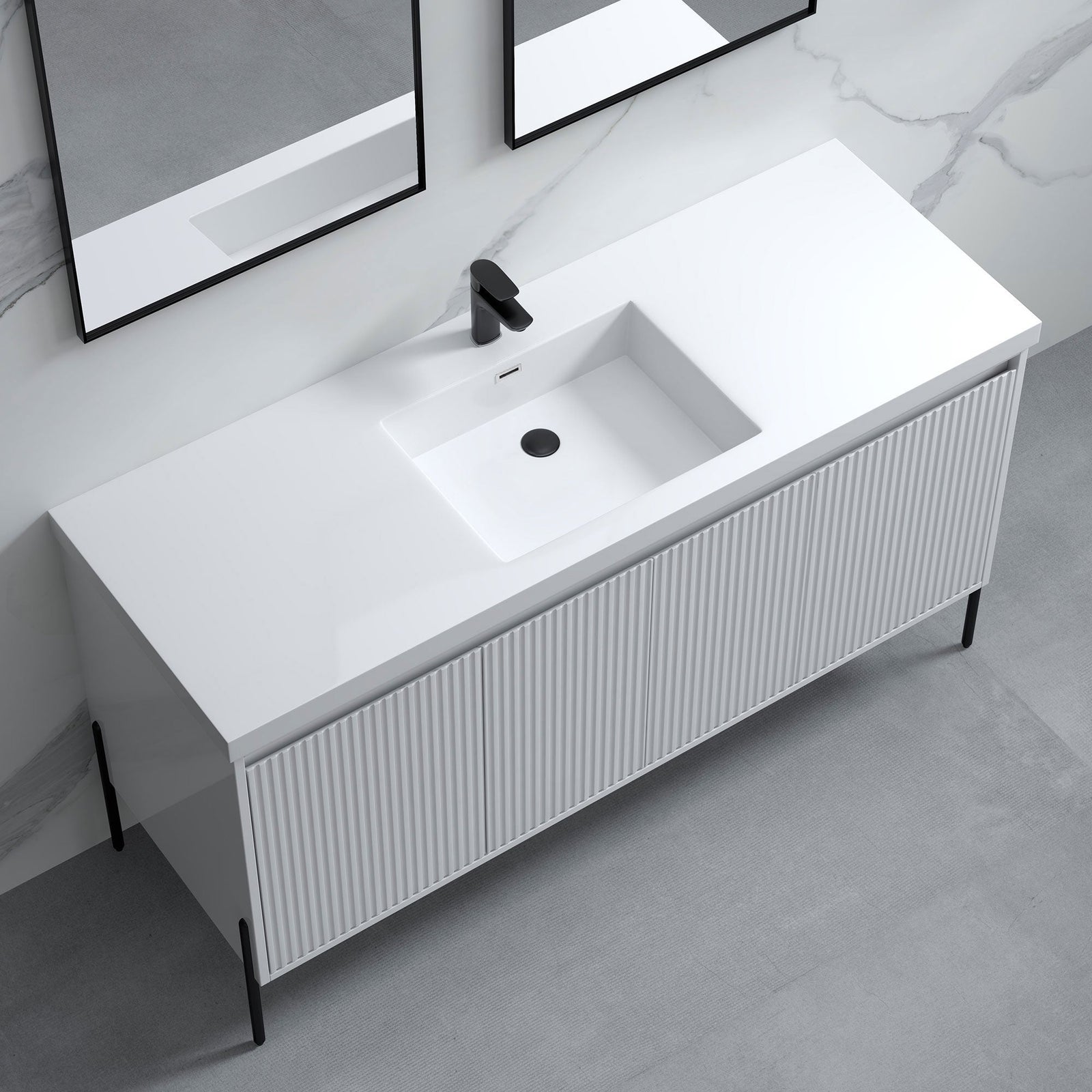 Dowell 60¡°(Fluted Bathroom Vanity Set ¡°(Assembled Cabinet Base with 4 Soft-Close Doors, Shelves & Resin Basin - 002 60 Series