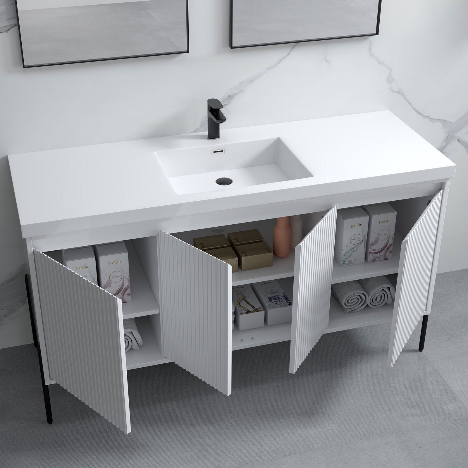 Dowell 60¡°(Fluted Bathroom Vanity Set ¡°(Assembled Cabinet Base with 4 Soft-Close Doors, Shelves & Resin Basin - 002 60 Series