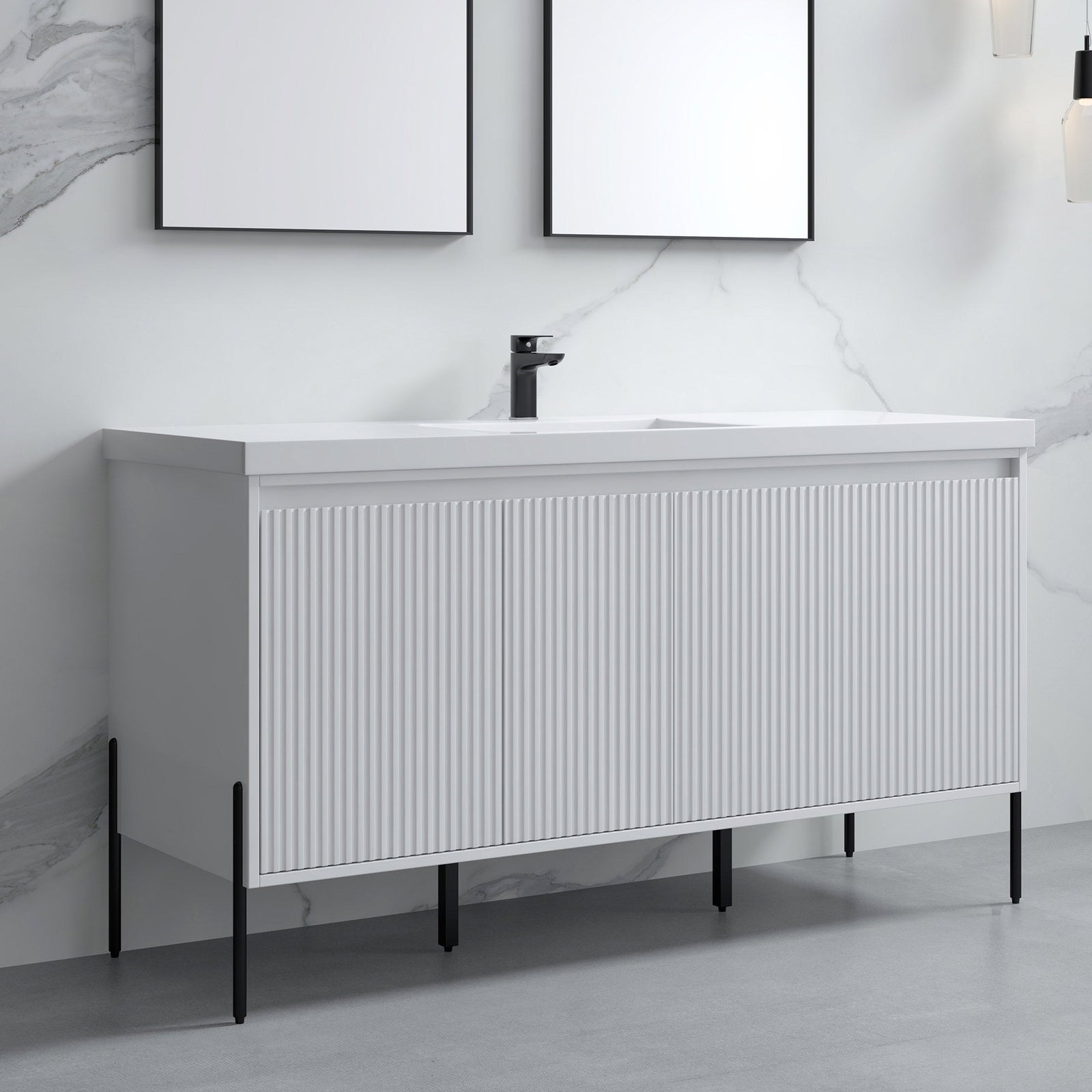 Dowell 60¡°(Fluted Bathroom Vanity Set ¡°(Assembled Cabinet Base with 4 Soft-Close Doors, Shelves & Resin Basin - 002 60 Series