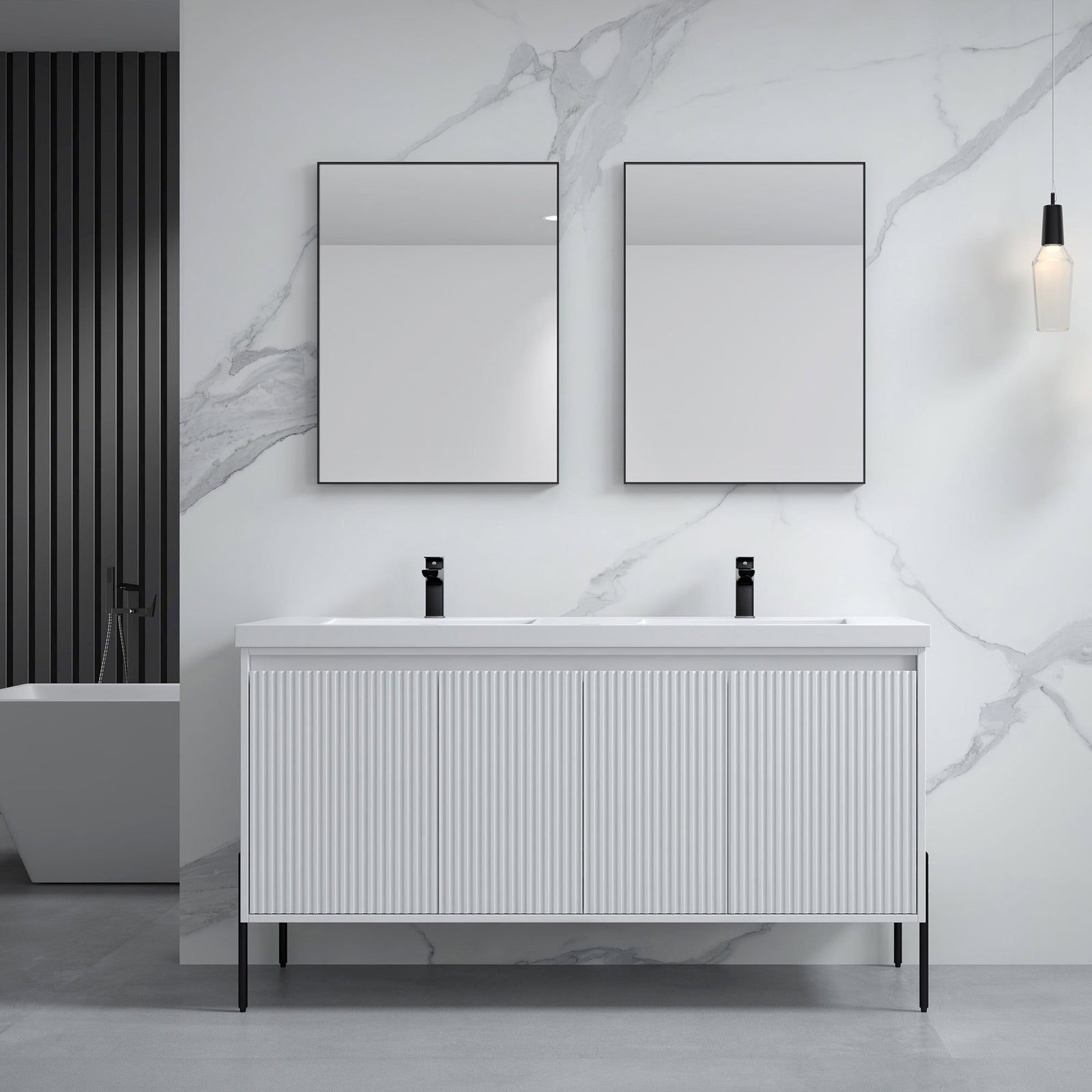 Dowell 60¡°(Fluted Bathroom Vanity Set ¡°(Assembled Cabinet Base with 4 Soft-Close Doors, Shelves & Resin Basin - 002 60 Series